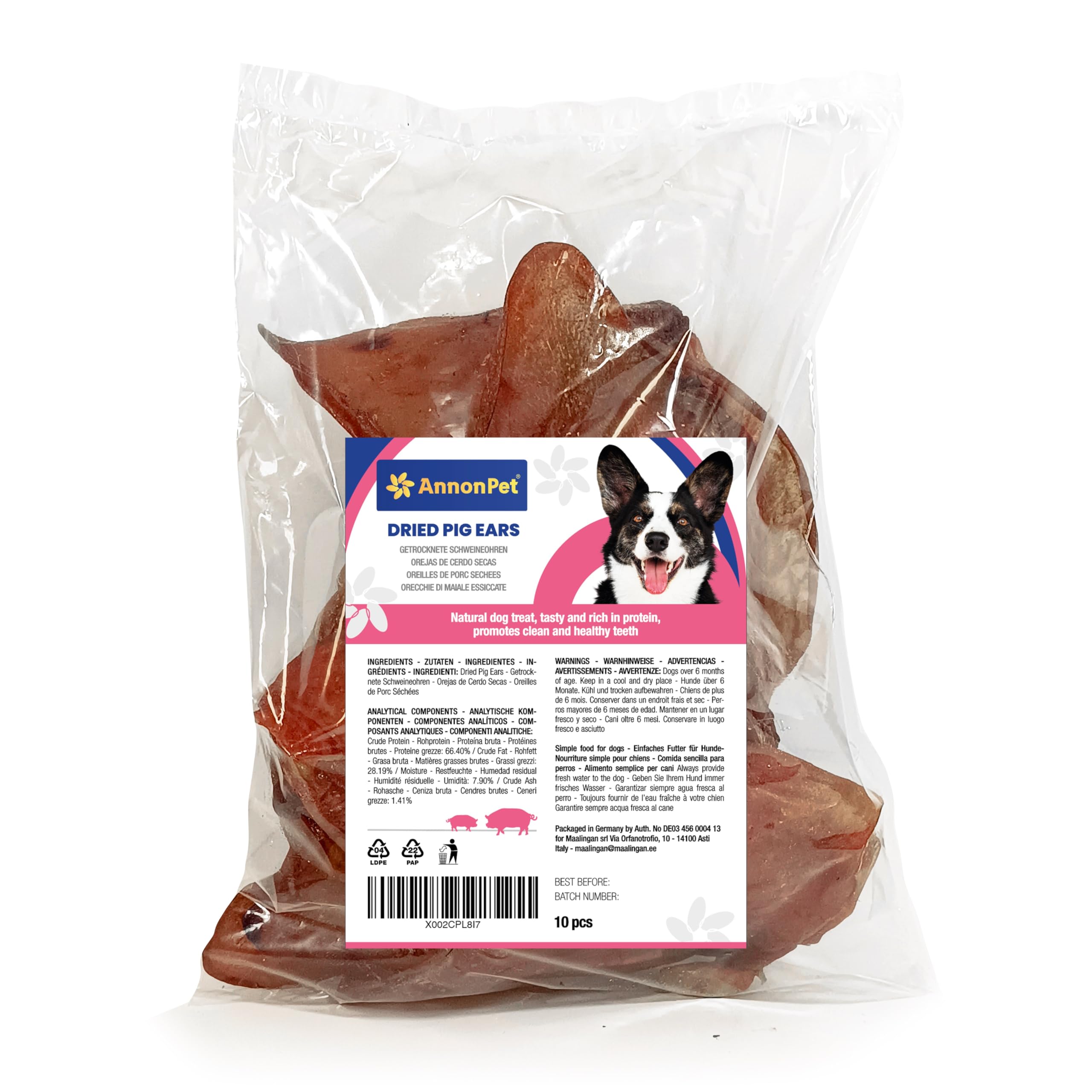 Oreilles de porc séchées – 10 pièces naturelles – Snack à mâcher savoureux – Riche en protéines – Sans additifs – Idéal pour toutes les tailles