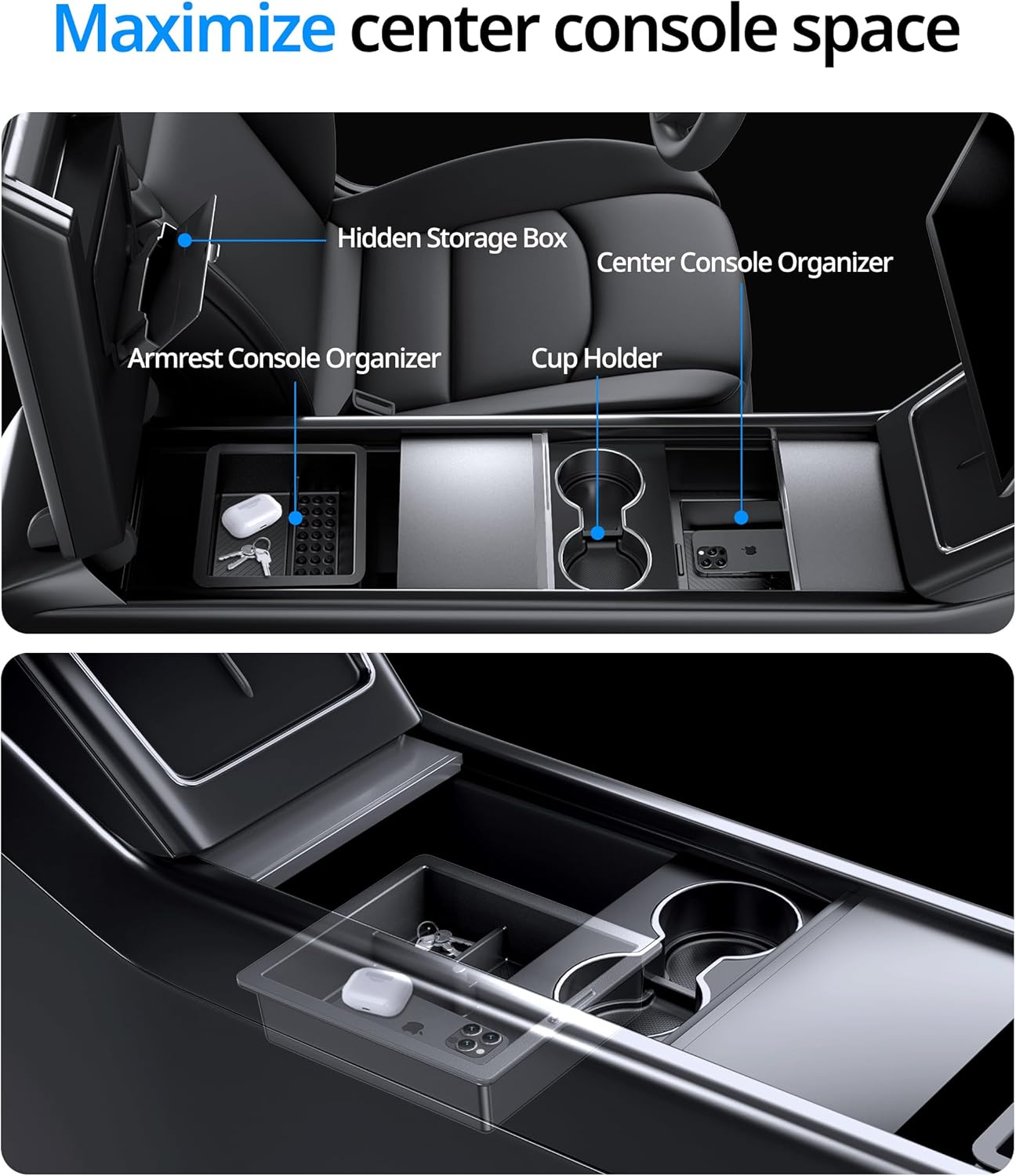UBeesize Tesla Model Y Juniper Accessories (Only Premium & Performance 2026), Center Console Organizer Tray for Model 3 Highland 2024 2025, Double-Layer Sliding Armrest Hidden Storage Box, 5PCS Black