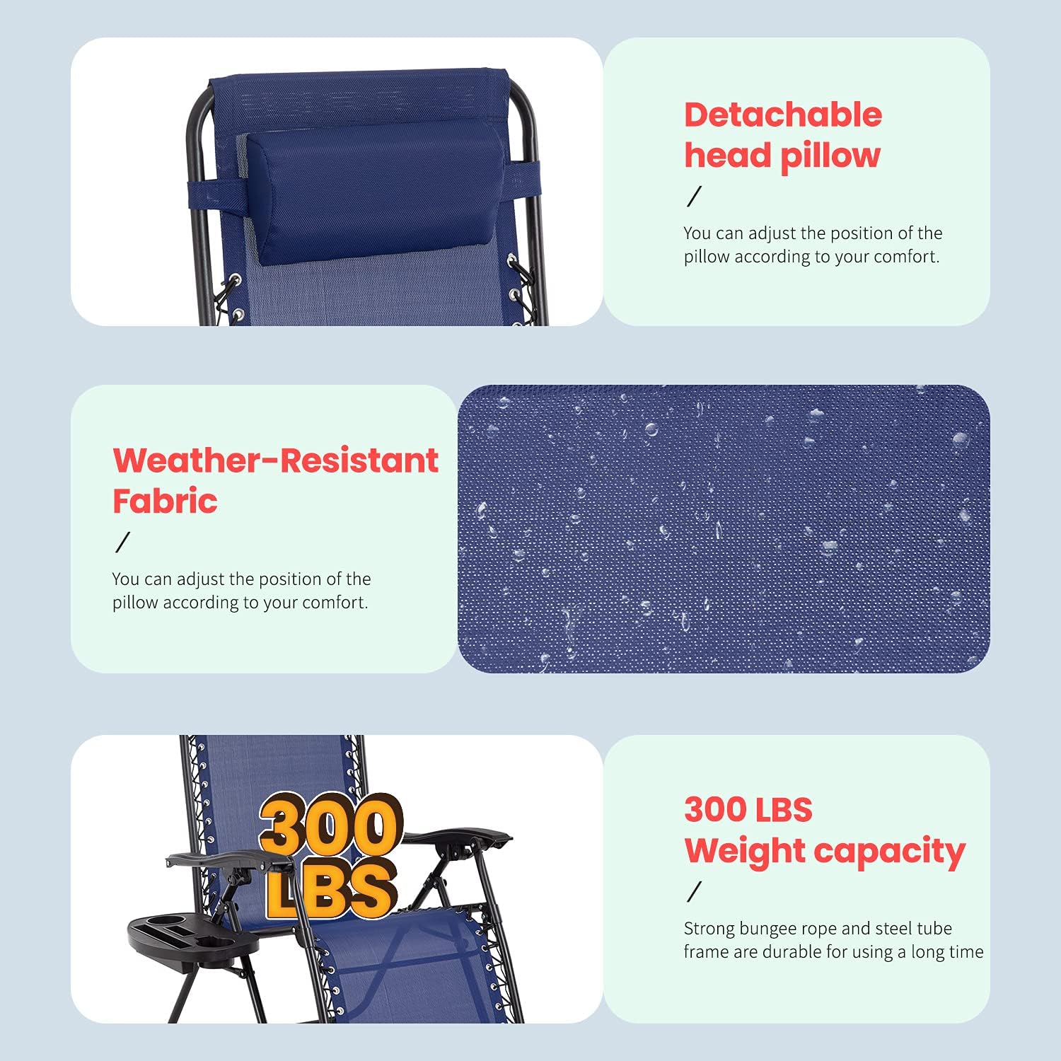 FDW Zero Gravity Chair,Zero Gravity Lounge Chair,1/2 Pack Folding Lawn Chair Adjustable Reclining Patio Chairs with Pillow and Side Table for Pool Yard with Cup Holder (1, Blue)