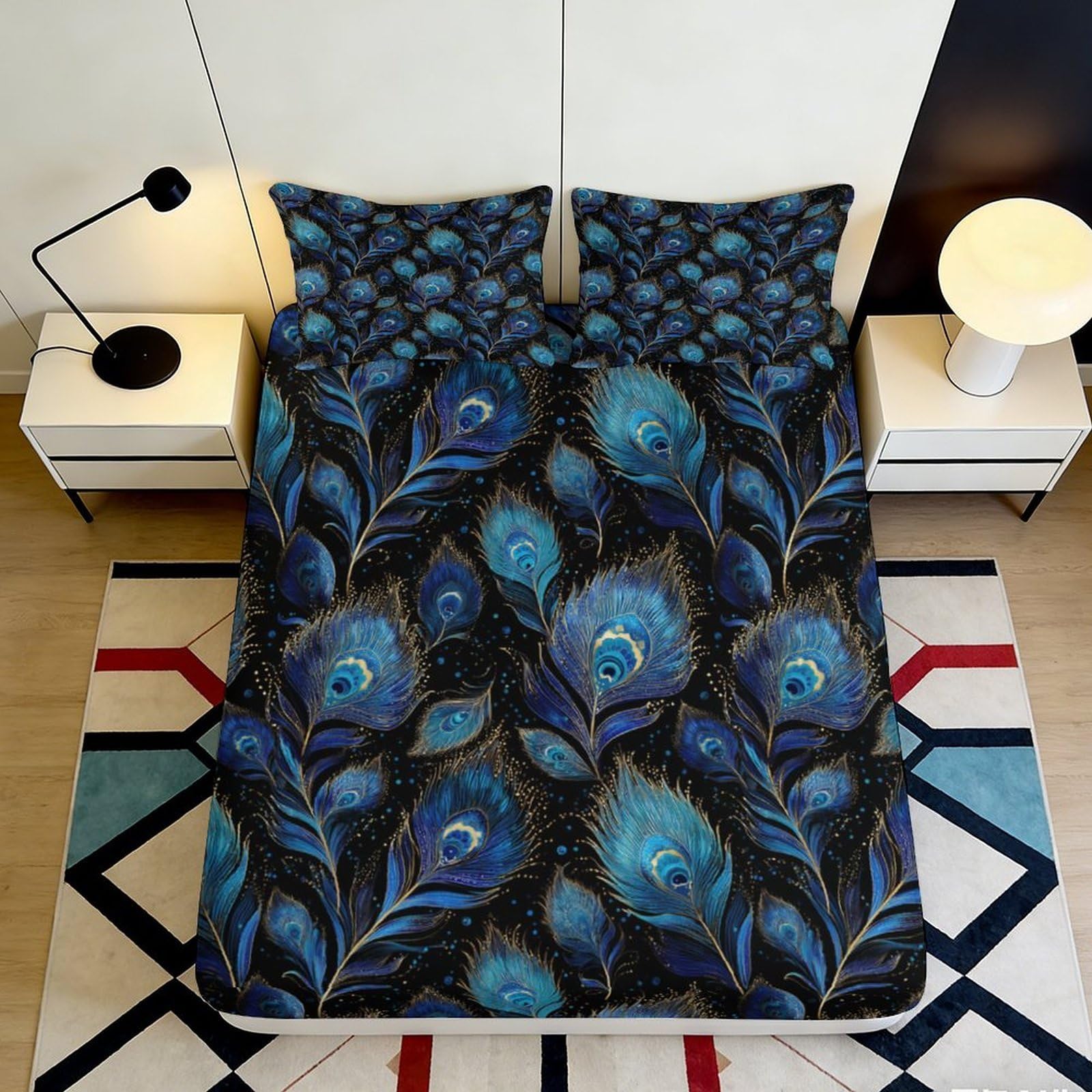 3D Printed Blue Peacock Feather Fitted Sheet Microfiber Soft Decorative Mattress Cover for Bedroom Guest Room Dorm Bed Protection 90x200x25cm