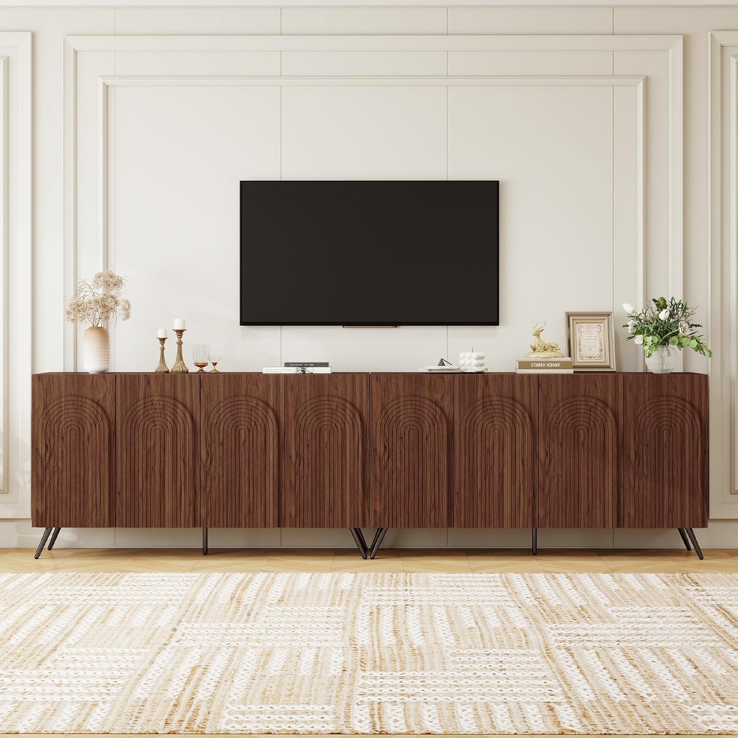 59" Modern Sideboard Buffet Cabinet with 4 Arch Carved Doors, Walnut Fluted Storage Cabinet with Adjustable Shelves, Large Wood Console Table & Coffee Bar for Living Room & Dining Room