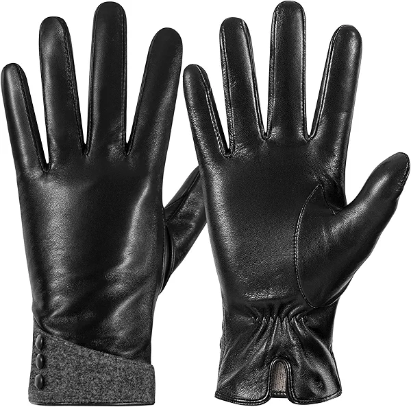 QOF Winter Genuine Leather Gloves for Women, Cashmere Warm Lined Finger Touchscreen Texting Driving Gloves