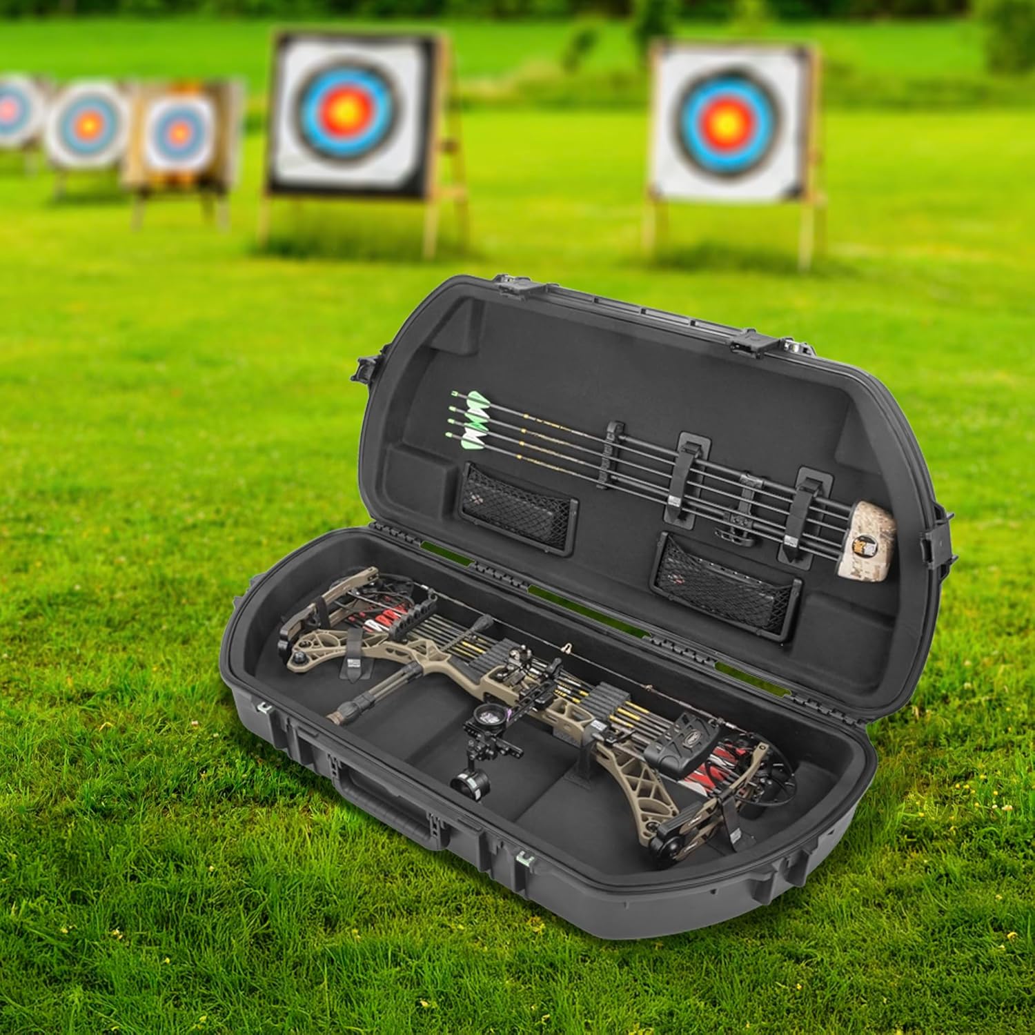 SKB iSeries Shaped Bow Case open, showing bow, arrows, and accessory pockets
