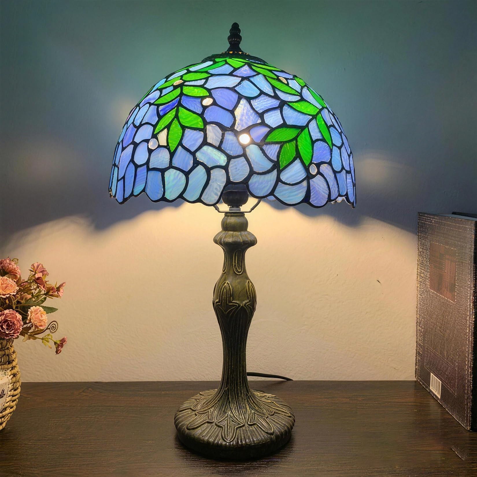 Fiunkes Wisteria Table Lamp, 12" Tiffany Style Purple Stained Glass Green Leaf Bedside Night Reading Light, Vintage Flower Desk Light for Home Living Office Study,Blue