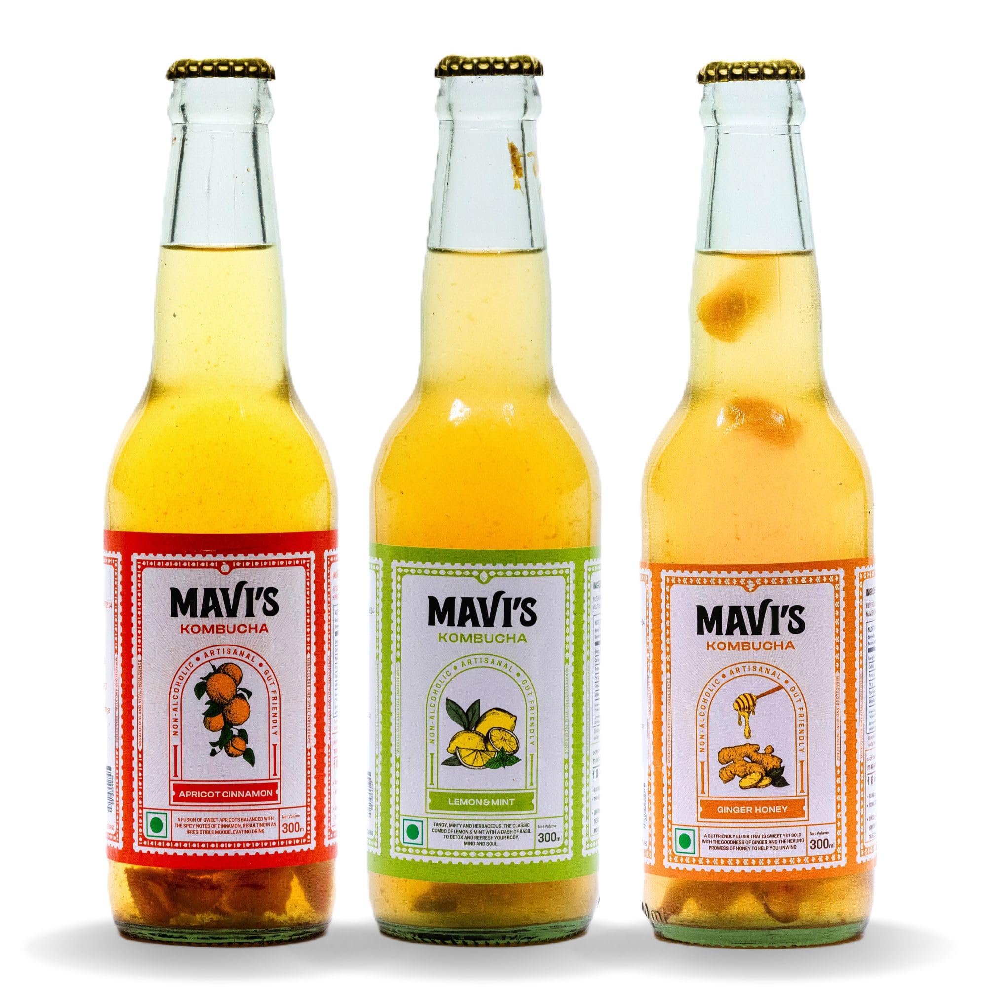MAVI's Apricot Cinnamon, Lemon Mint & Basil, & Ginger Honey Kombucha | 100% Organic & Natural | No Preservatives, No Artificial Flavour or Colour | Artisanal | Gut Friendly | 300ml each | Pack of 3