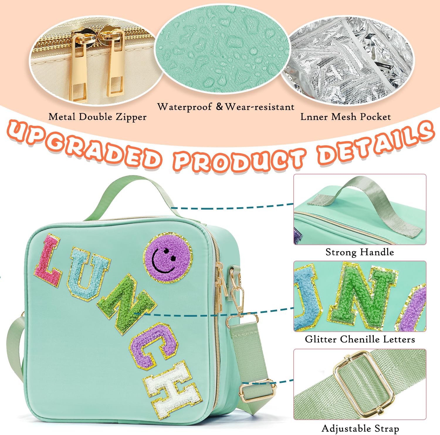 Insulated Lunch Bag Women Lunch Box Kids for Teen Girls Boys, Cute Preppy Lunch Boxes With Adjustable Shoulder Strap, Waterproof Nylon Lunchbox Lunch Bags for School Work Picnic (Green) - Image 3