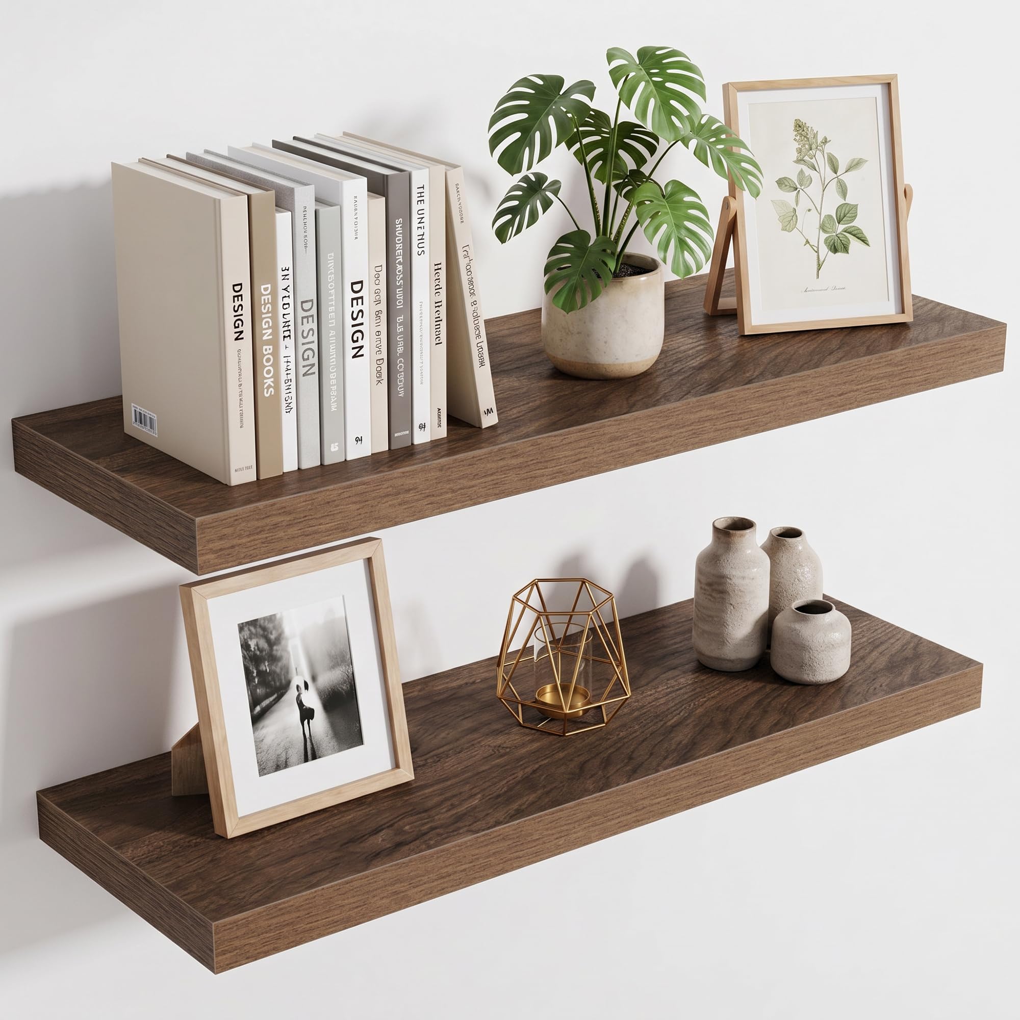 Acovy 25cm Extra Deep Floating Shelves, 80cm Long Wooden Wall Mounted Shelf, Wall Shelves for Living Room Bathroom Bedroom Kitchen, Walnut, Set of 2 — image 1