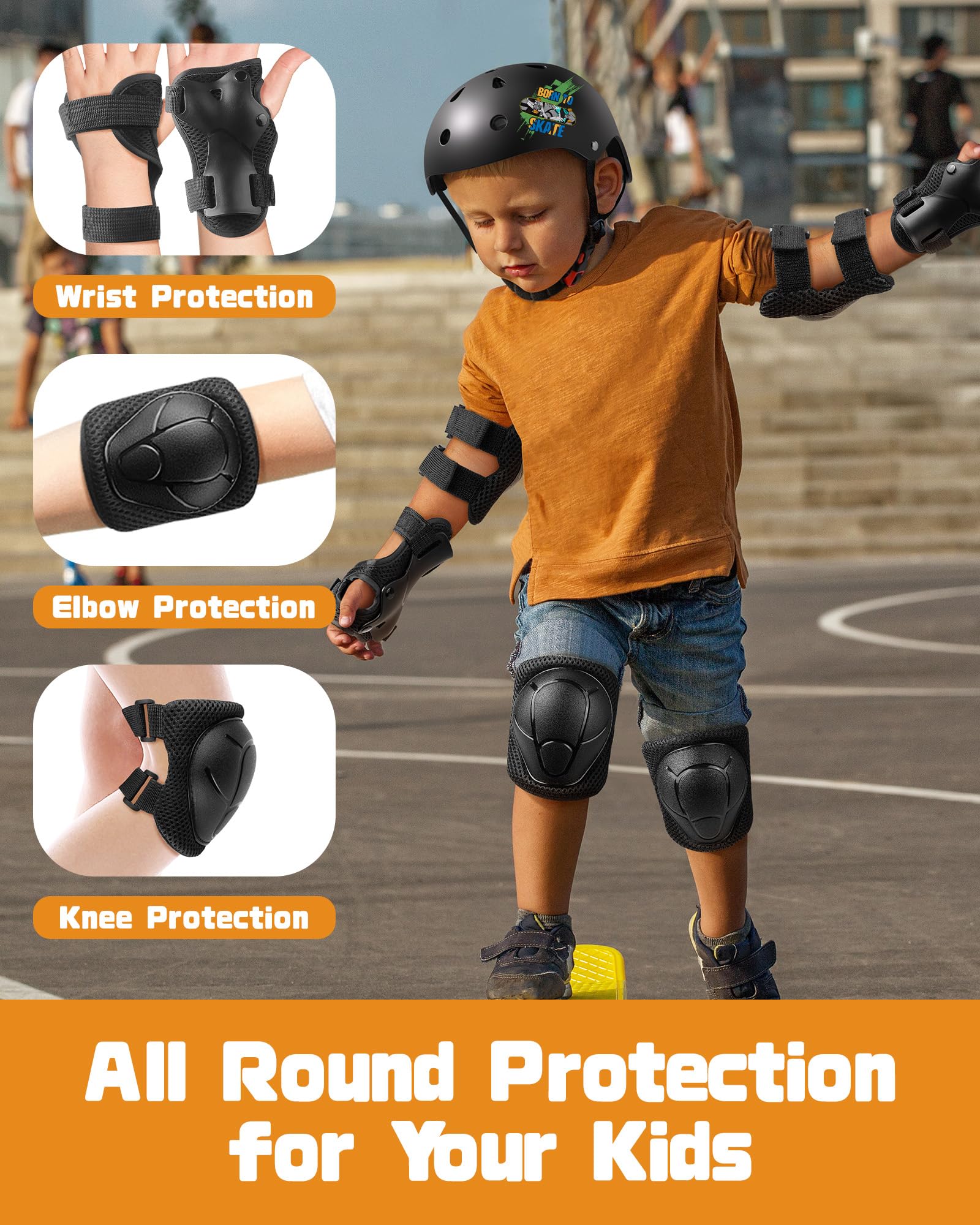 Juego de equipo de protección para niños, rodilleras y coderas con muñequeras para niños de 3 a 10 años, material de protección mejorado 3 en 1 para patinaje, ciclismo, bicicleta, patinete, incluye