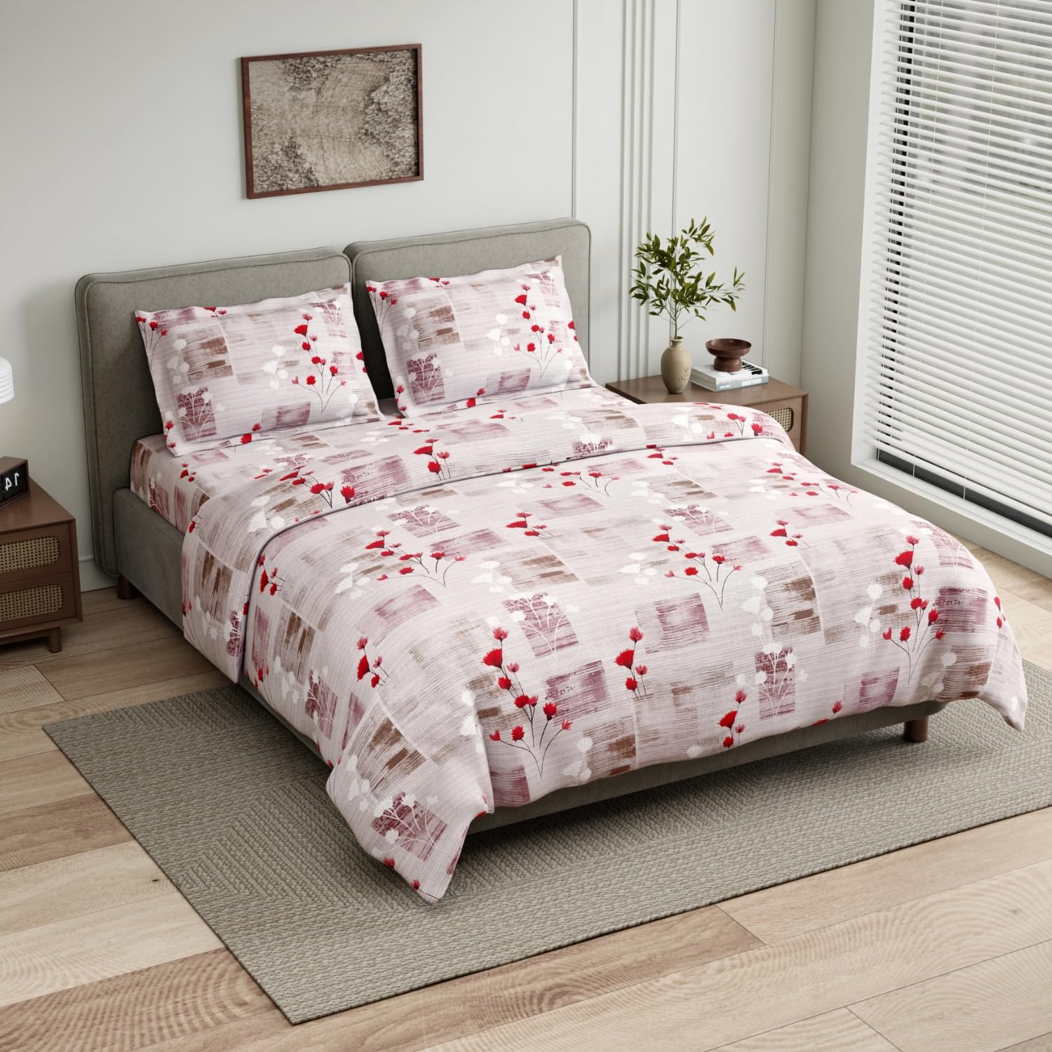 Haus & kinder Double Bedsheet for Queen Size Bed | 90 x 100 Inches 144 TC Cotton Bedsheet for Double Bed with 2 Pillow Covers - Pink Flower Sketch