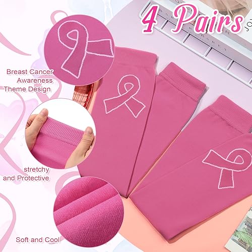 Miniatura 10 de Hercicy 4 pares de mangas deportivas de compresión para niñas y niños, para concientización sobre el cáncer de mama, con cinta rosa