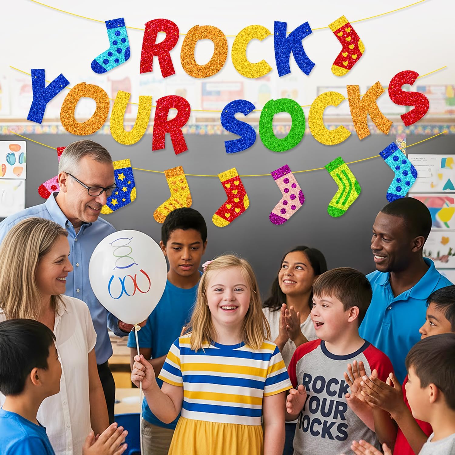 Rock Your Socks Day Banner World Down Syndrome Day Party Decorations for March 21 School Classroom Home Ribbon Holiday Party Supplies