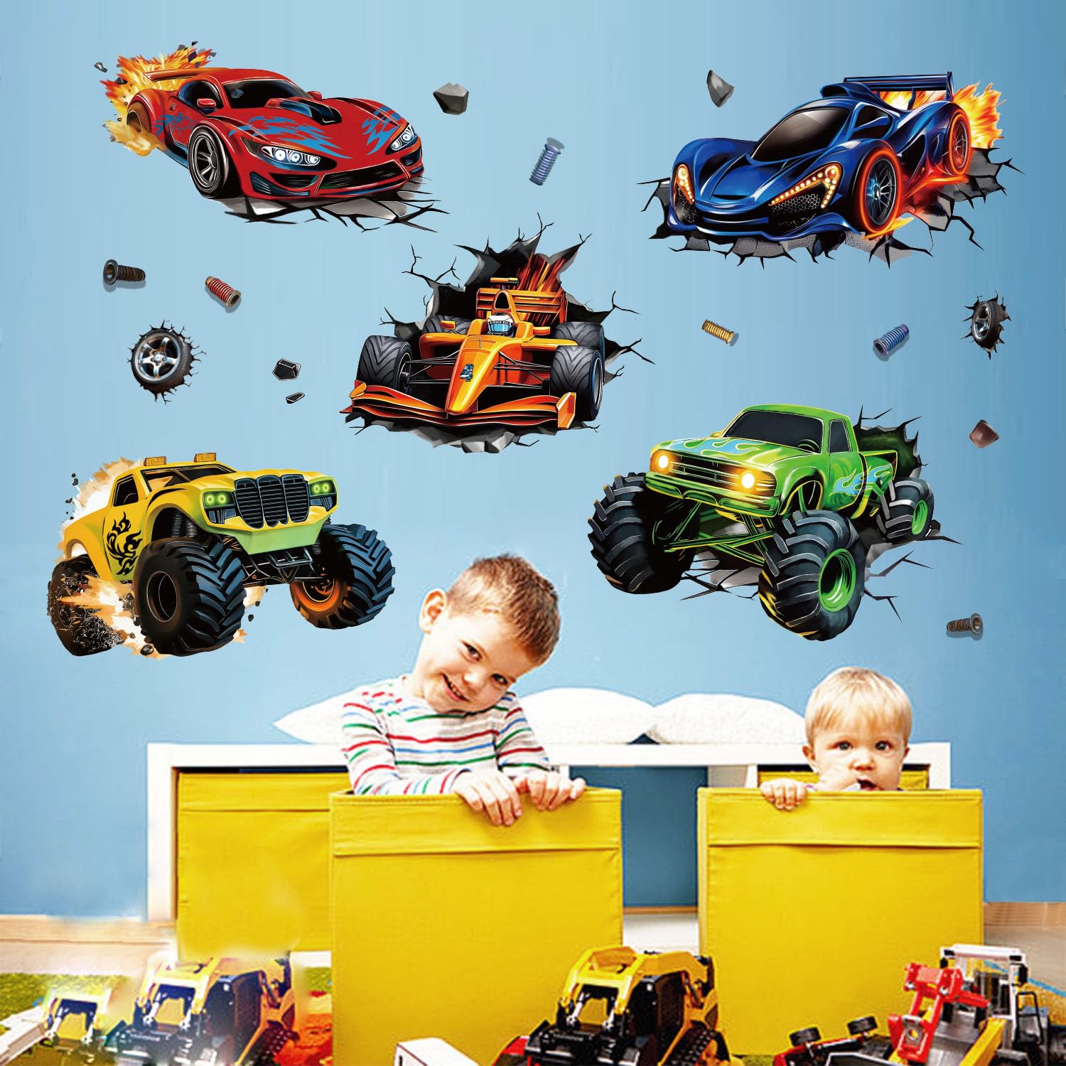 Stickers muraux 3D voitures de course – Camion éclatant à travers le mur, voitures de course F1 pour chambre d'enfant et chambre de garçon