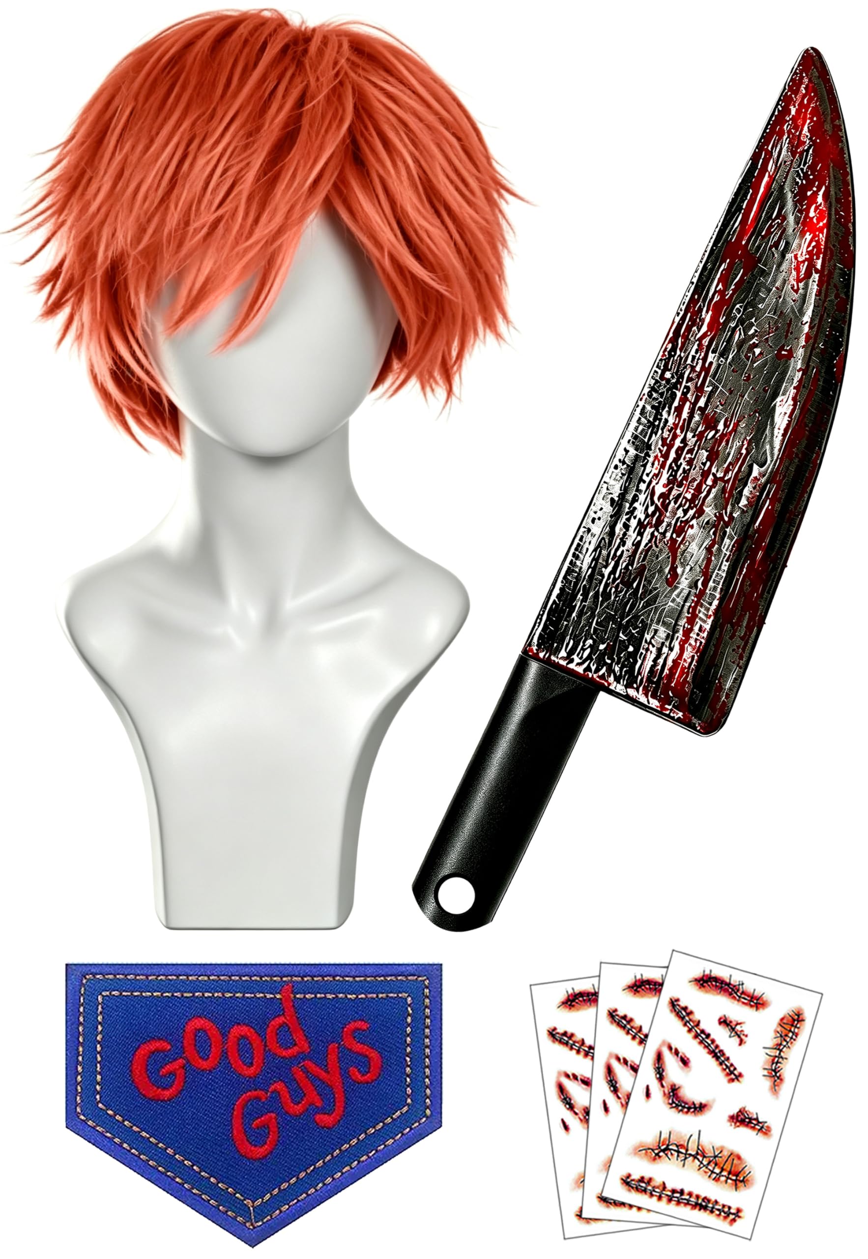 Chucky Wig Good Guys Patch Scar Tattoos 16 Inch Large Fake Knife Prop with Fake Blood for…