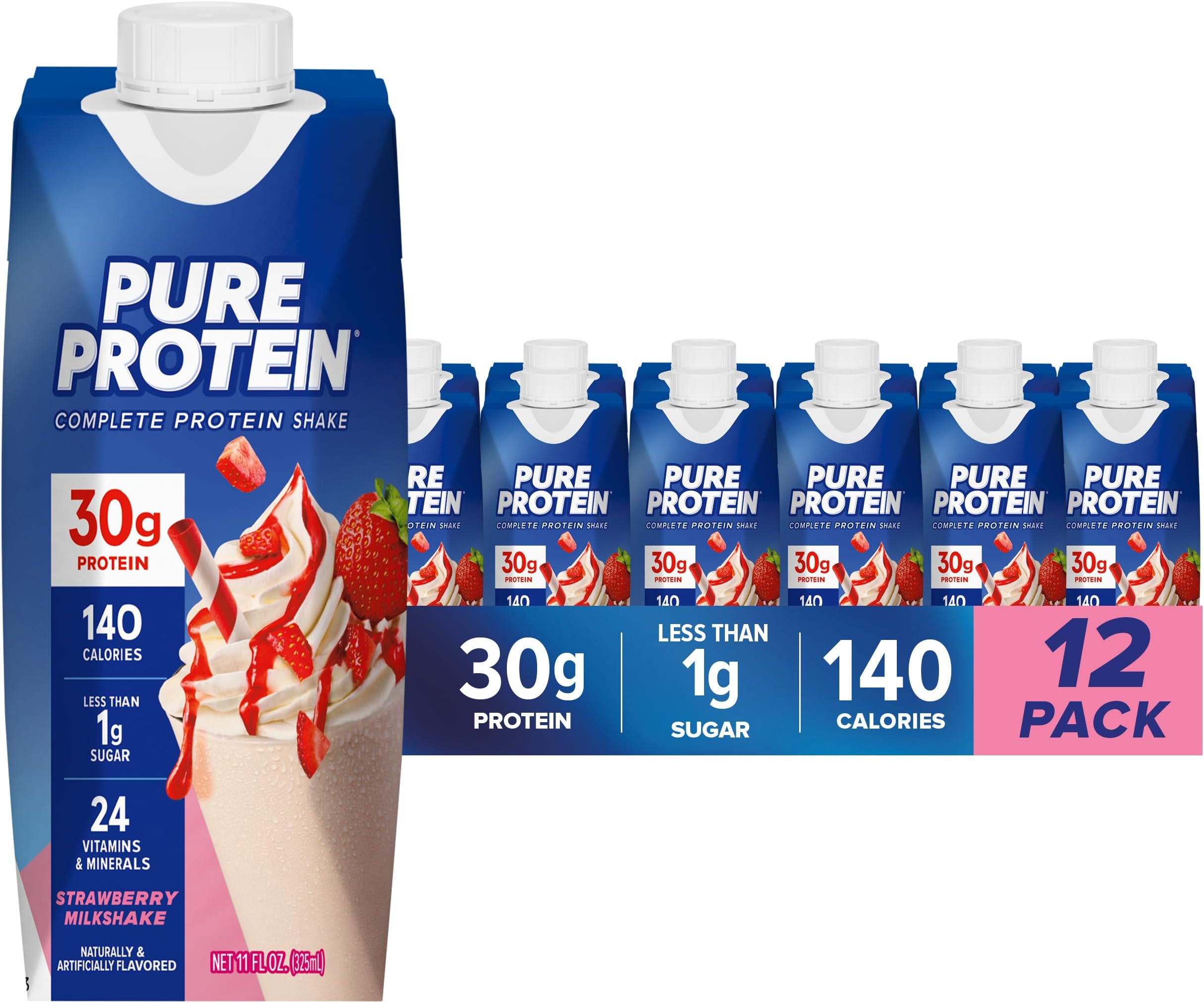 Pure Protein Strawberry Protein Shake, 30g Complete Protein, Ready to Drink and Keto-Friendly, Vitamins A, C, D, and E plus Zinc to Support Immune Health, 11oz Bottles, 12 Pack