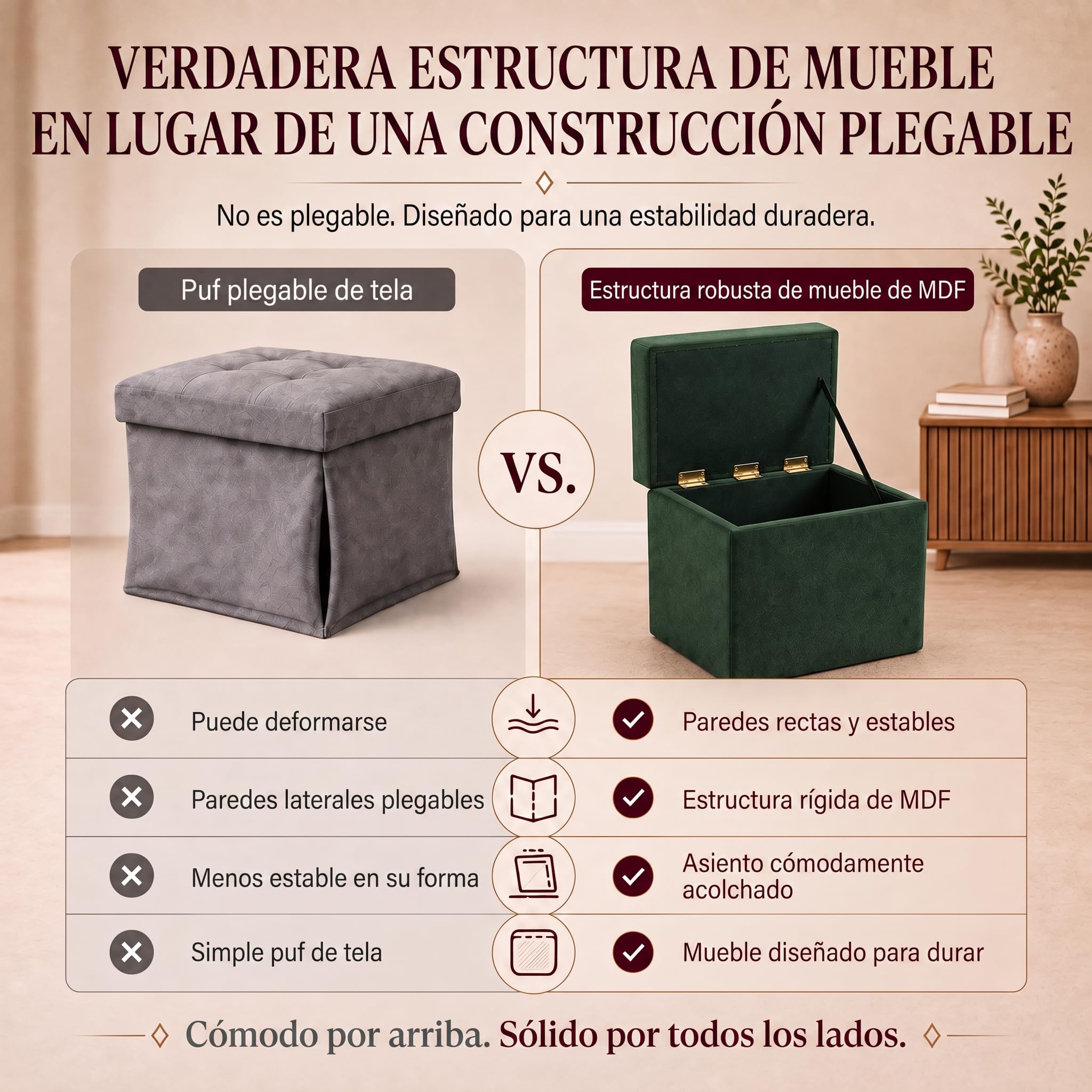 VELORA H&L Puf con Almacenaje 45 x 45 cm Verde Oscuro – Puf Tapizado en Tela con Compartimento Interior, Soporta hasta 150 kg, para Salón, Dormitorio y Recibidor