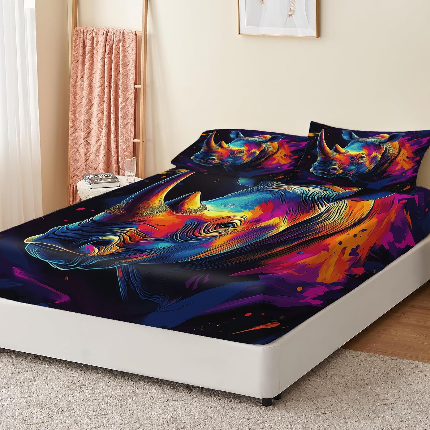 Lenzuolo con angoli 3 pezzi stampato 160 x 201 cm Rinoceronte di pittura digitale Lenzuolo con angoli extra profondo Colore Lenzuola con angoli con federe in microfibra spazzolata