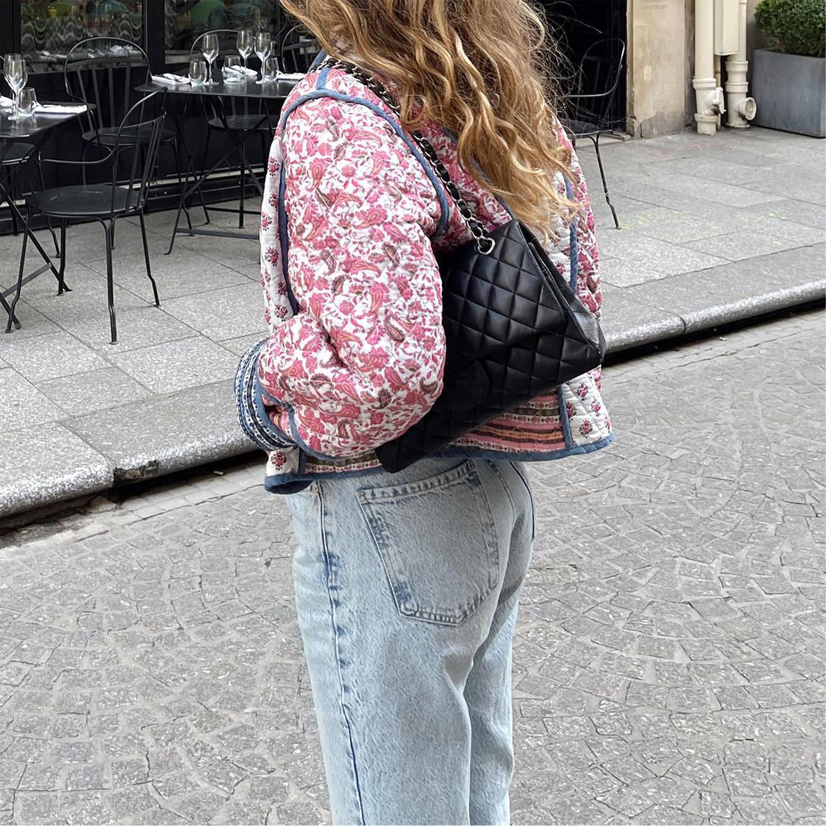 Chaqueta acolchada recortada para mujer, ligera, con estampado floral, abrigo acolchado frontal abierto, prendas de vestir cálidas de invierno
