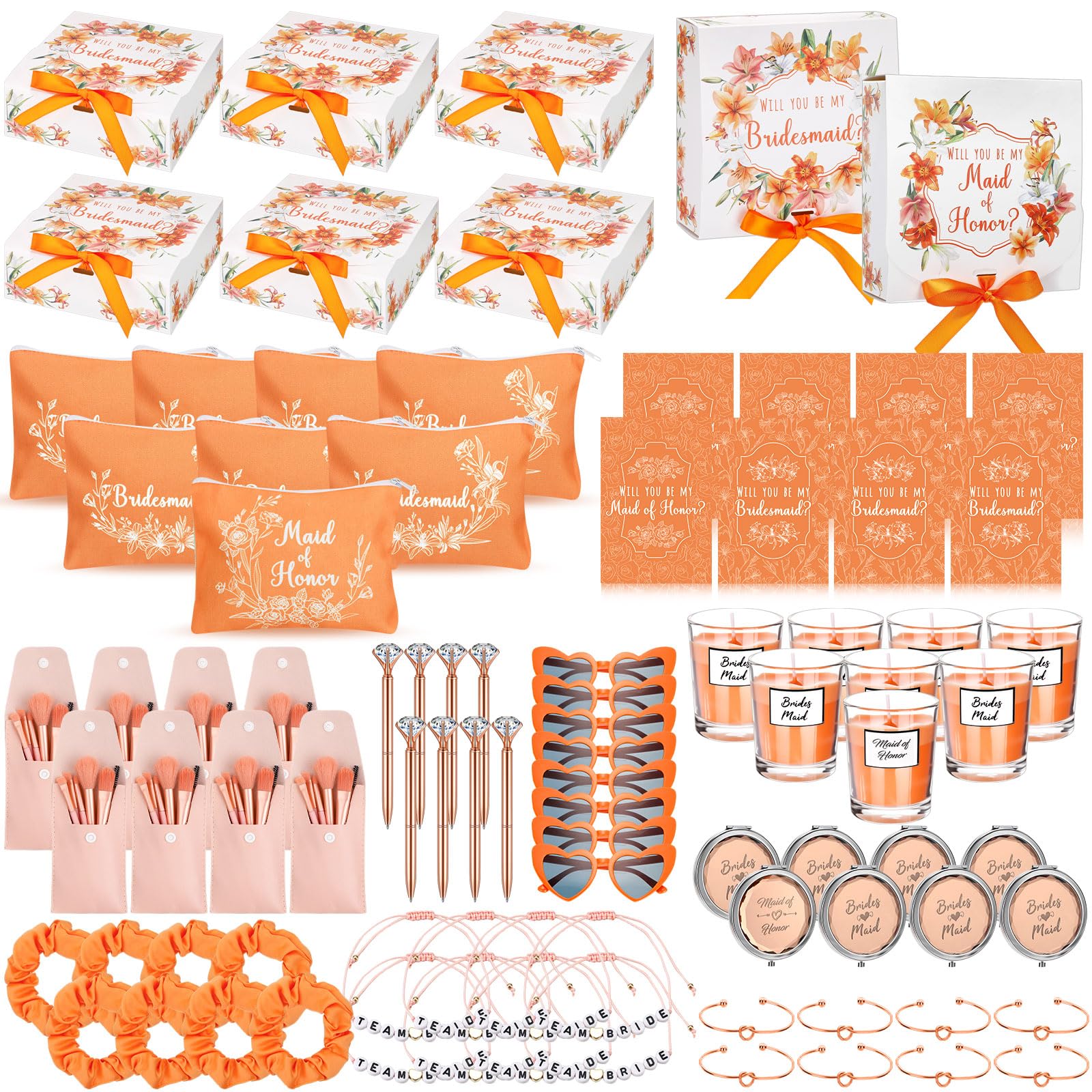 Nuogo 88 Pcs Bridesmaid Proposal Gifts Bridesmaid Box Set Maid of Honor Gift Include Box Candle Invited Cards Scrunchies Hair Elastics Ties Knotted Bracelets Diamond Pens(Orange) โ image 1