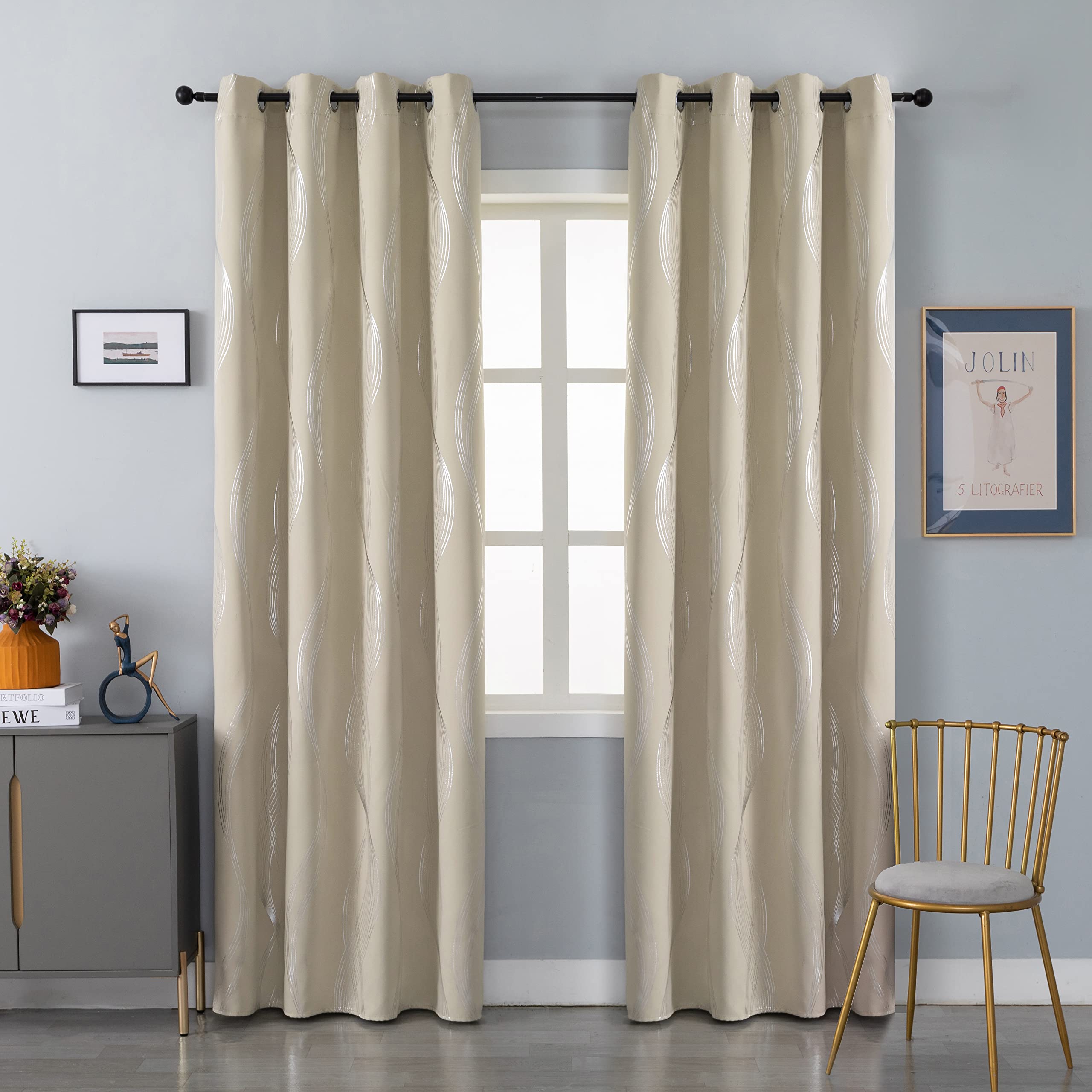 GIRASOLE HOME® Coppia Tende Oscuranti Termiche Morbide Fantasia Onde Argentate Tenda Isolante per Soggiorno Camera e Interni 2 Pannelli con Occhielli (140x285cm, Beige)