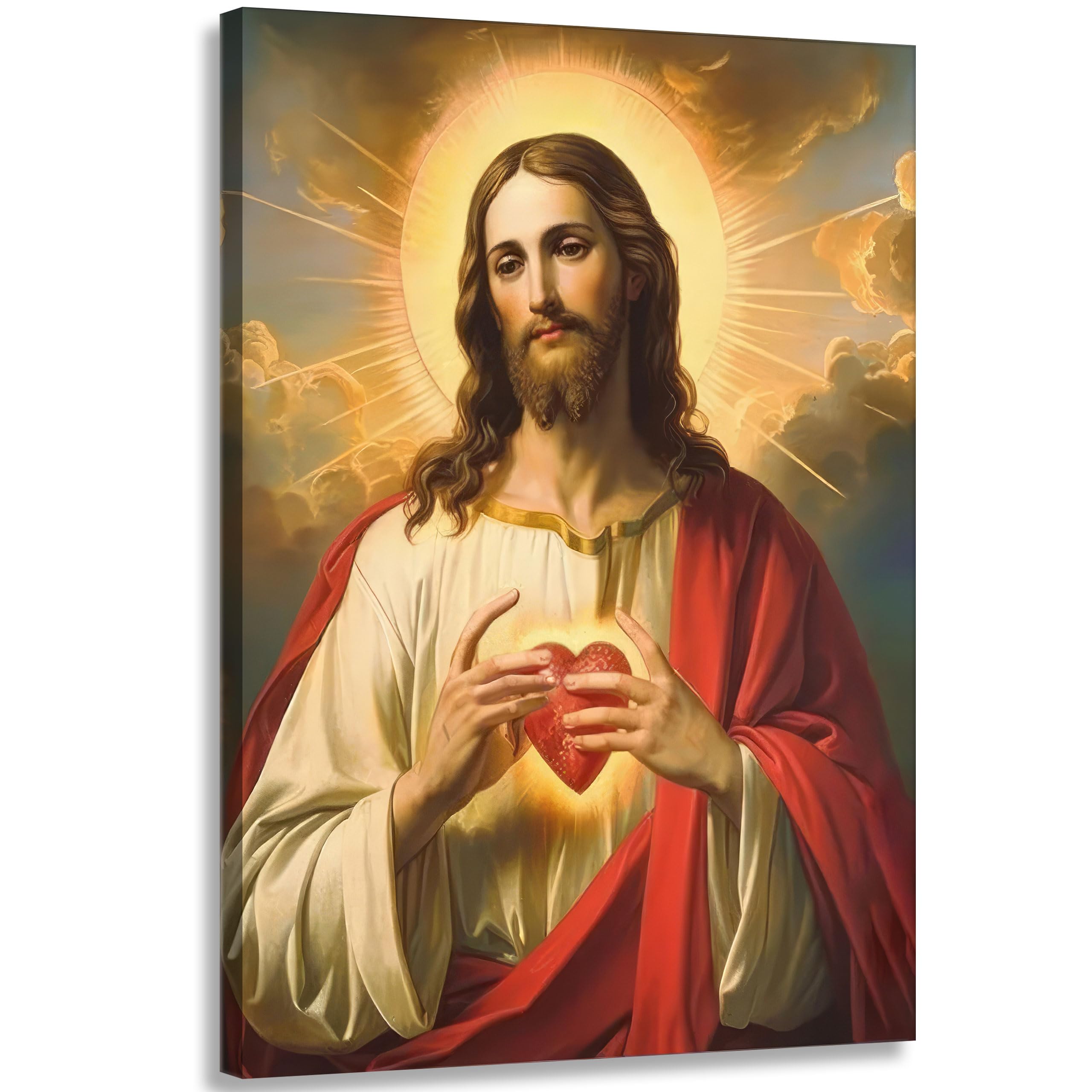 Sacred Heart of Jesus Canvas Wall Art - Jesus Portrait Picture, Divine Mercy Painting, Christian Catholic Religious Wall Decor for Living Room &