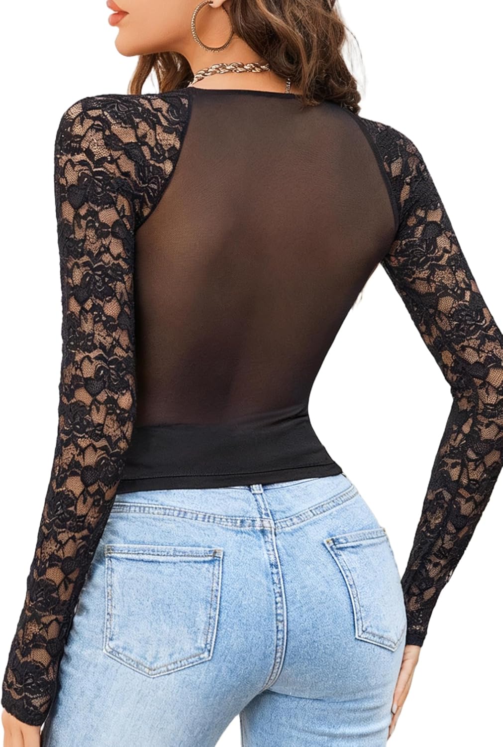 Avidlove Lace Long Sleeve Mesh Tops for Women V Neck Sheer Blouse Sexy See Through Undershirt - Image 2