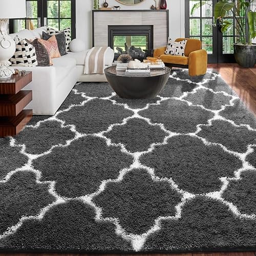 Amdrebio Dark Grey and White Rugs for Living Room, 8x10 Rug, Large Soft Shag Geometric Area Rug for Bedroom, Moroccan Fluffy Plush Furry Rug for Apartment, Floor Farmhouse Big Living Room Rug Carpet