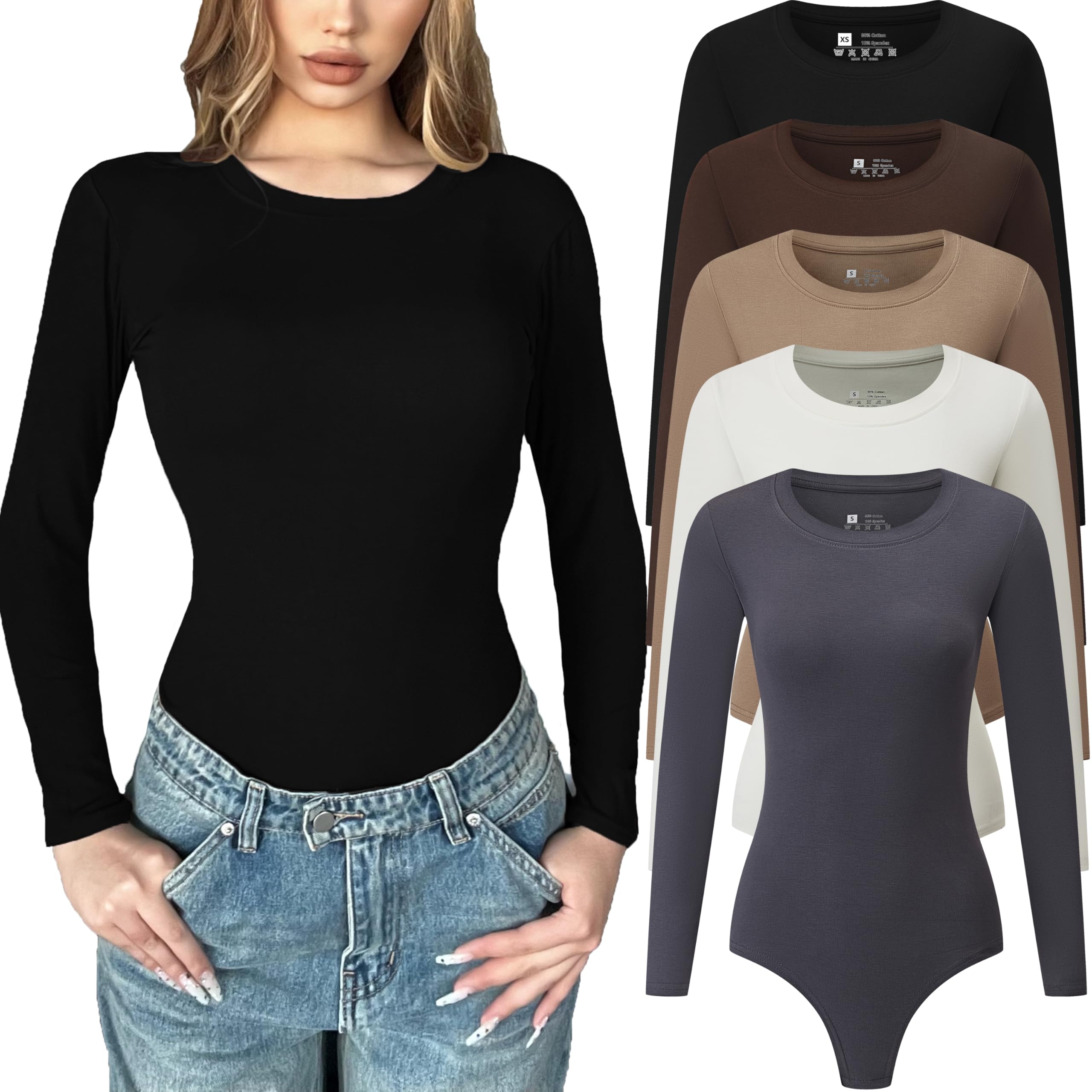 Chongbaijia5 Pack Long Sleeve Bodysuit for Women Crew Neck Casual Stretchy Basic T Shirt Body Suits Tops