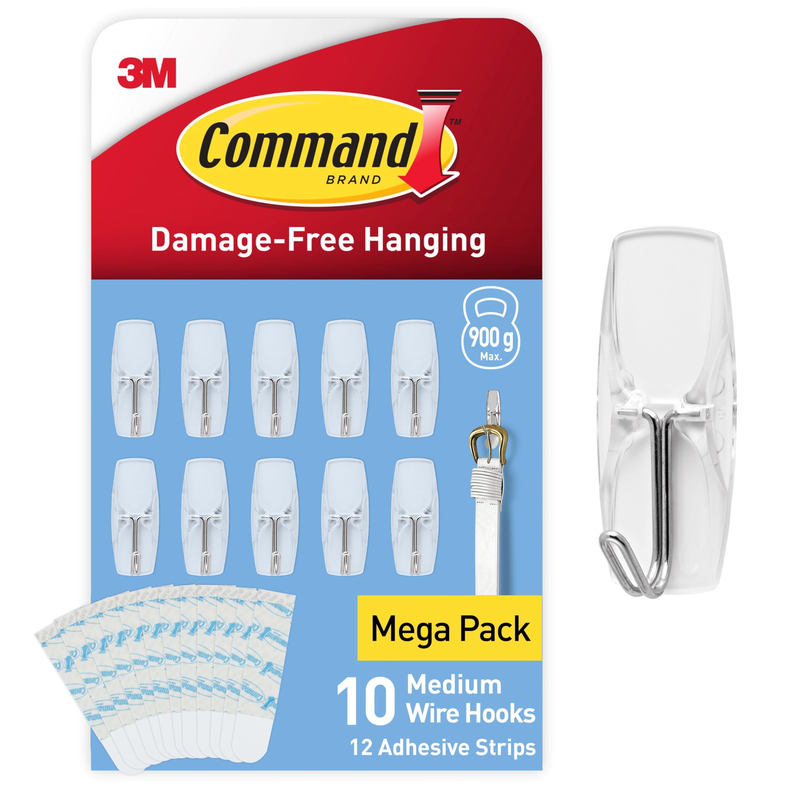 Command Wire Toggle Hooks - Medium - Transparent- Indoor Use - Multi Pack of 10 Hooks and 12 Adhesive Strips - Suitable for Hanging Items up to 900 g - Damage Free Hanging