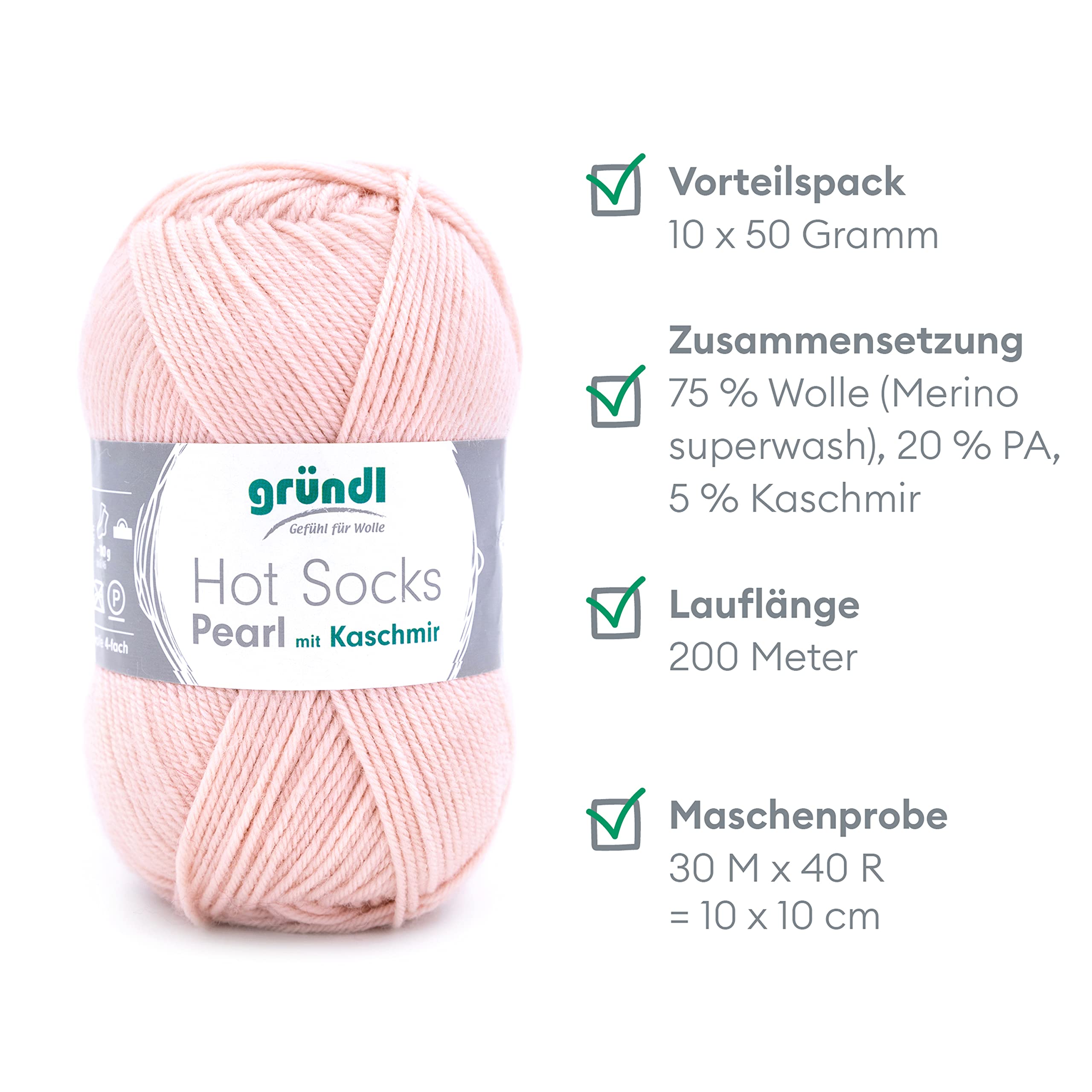 Gründl Hot Socks Perla in Lana a Maglia Liscia (Morbida Lana per Calzini in 75% Lana Merino, 20% Poliammide, 5% Cashmere, 50 g / 200 m, Dimensione dell'ago: 2,5-3, 10 x 50 g), Antracite