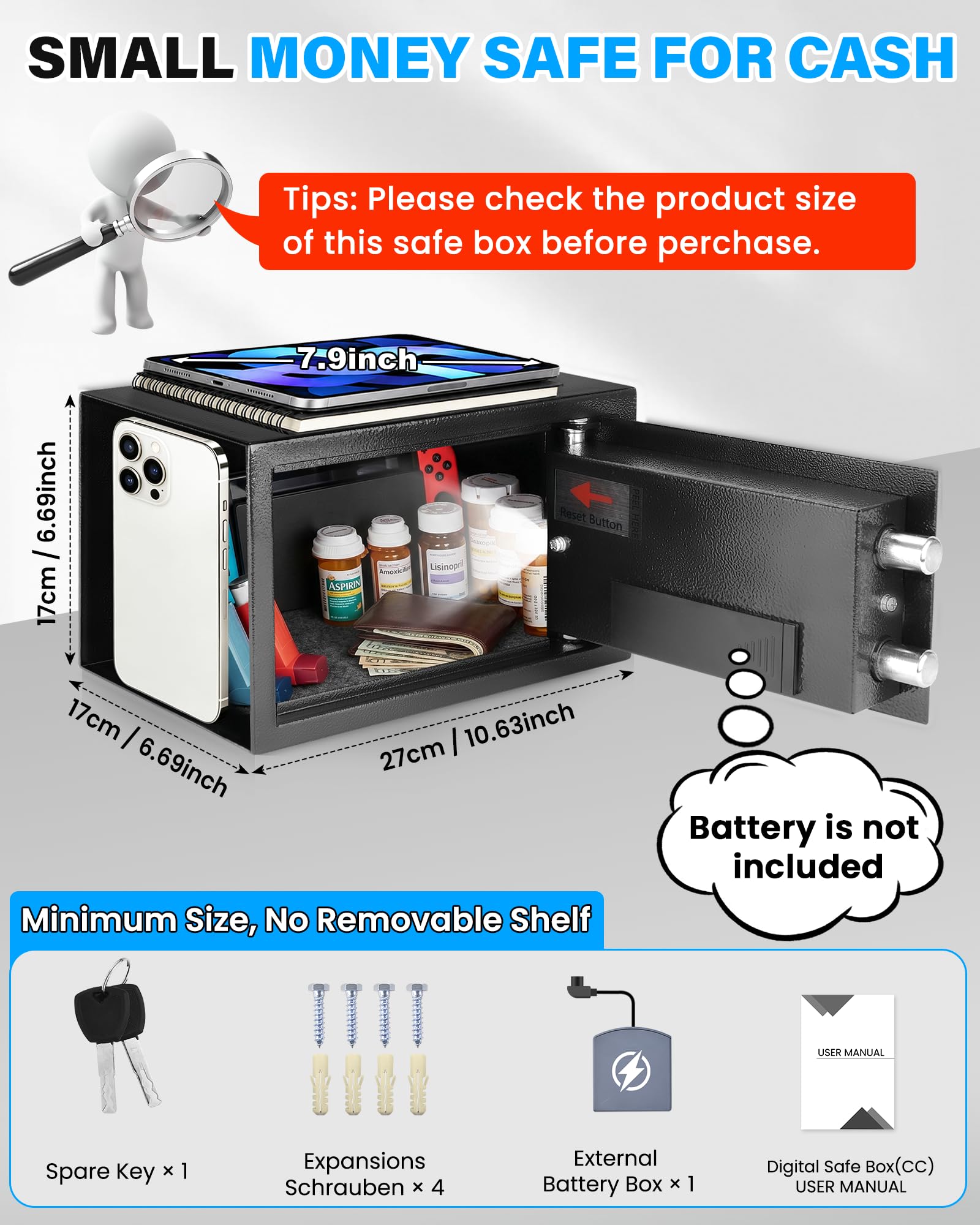Caja fuerte pequeña de 0.45 pies cúbicos para el hogar con bolsa impermeable ignífuga, cajas fuertes personales para el hogar con llave de repuesto de teclado electrónico, caja de seguridad digital