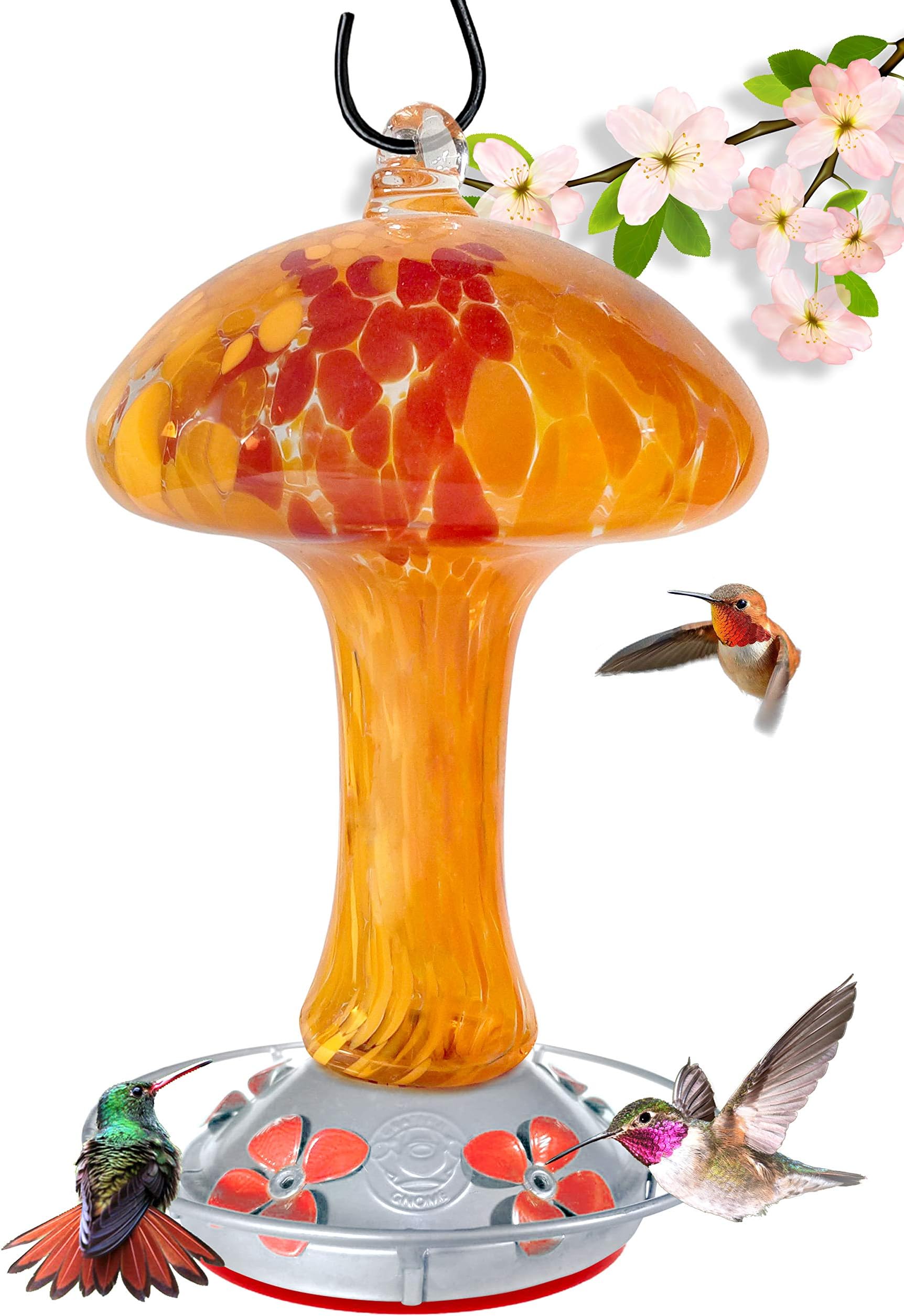 Grateful Gnome Mushroom Shape Hummingbird Feeder by - Large Hand Blown Stained Glass Feeder for Garden, Patio, Outdoors, Window with Accessories S-Hook, Ant Moat, Brush - 32 fl oz, Red Mushroom Design