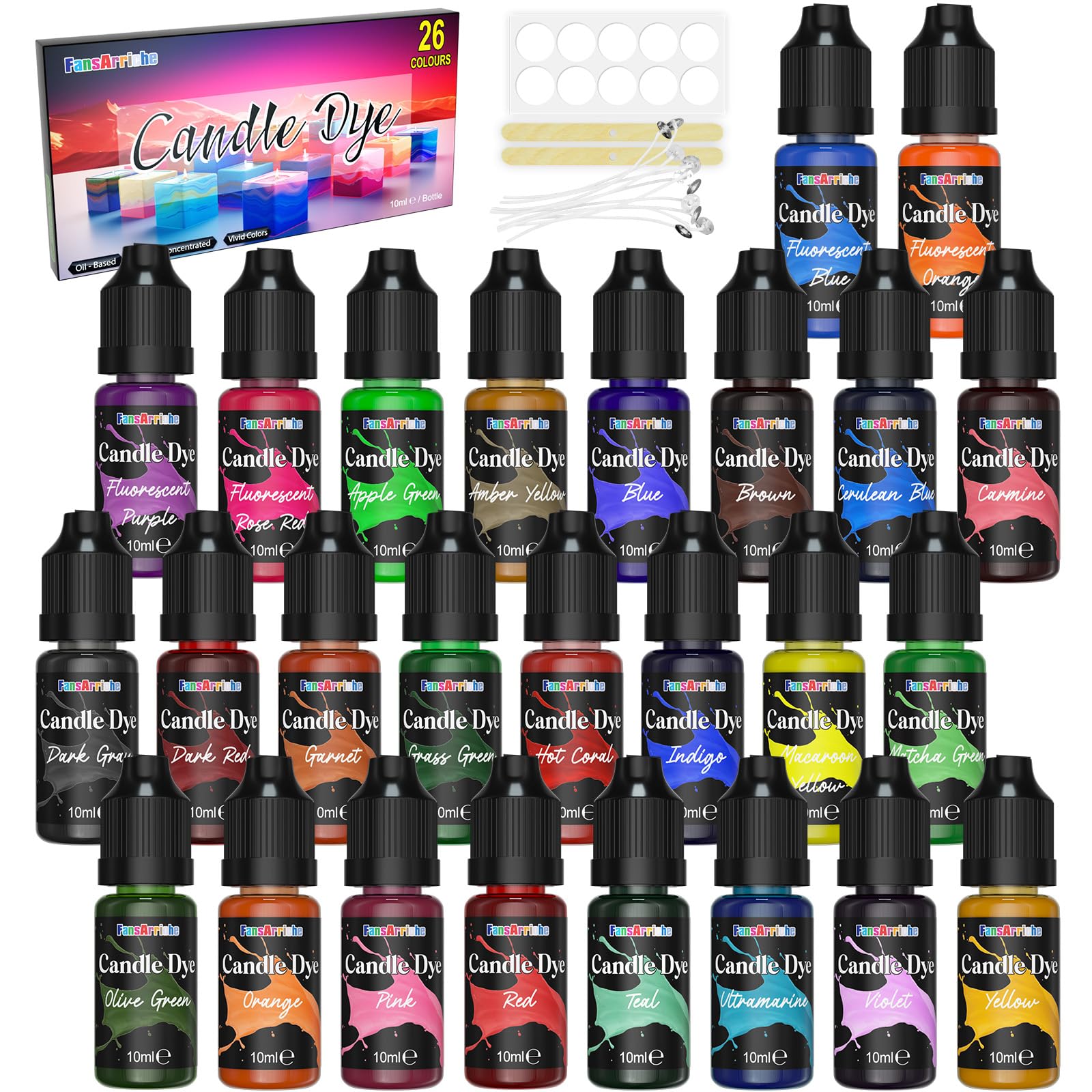 FansArriche Candle dye - 26 Colors Liquid Oil-Based dye for Candle Wax, Vivid Candle Color for DIY Candle Making, Highly Concentrate Natural Candle Color