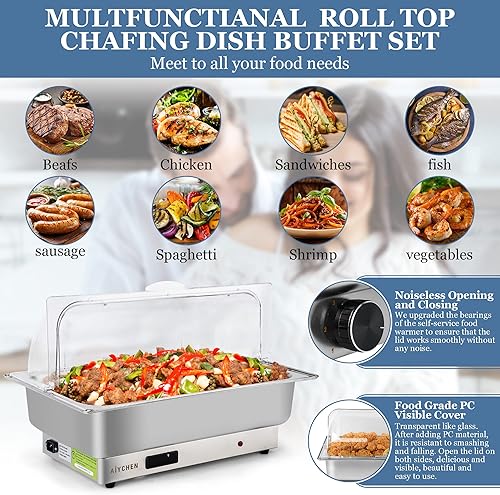 Miniatura 5 de Juego completo de chafers eléctricos de 10 cuartos de galón y calentadores de bufé con tapa enrollable de acero inoxidable de alta calidad con