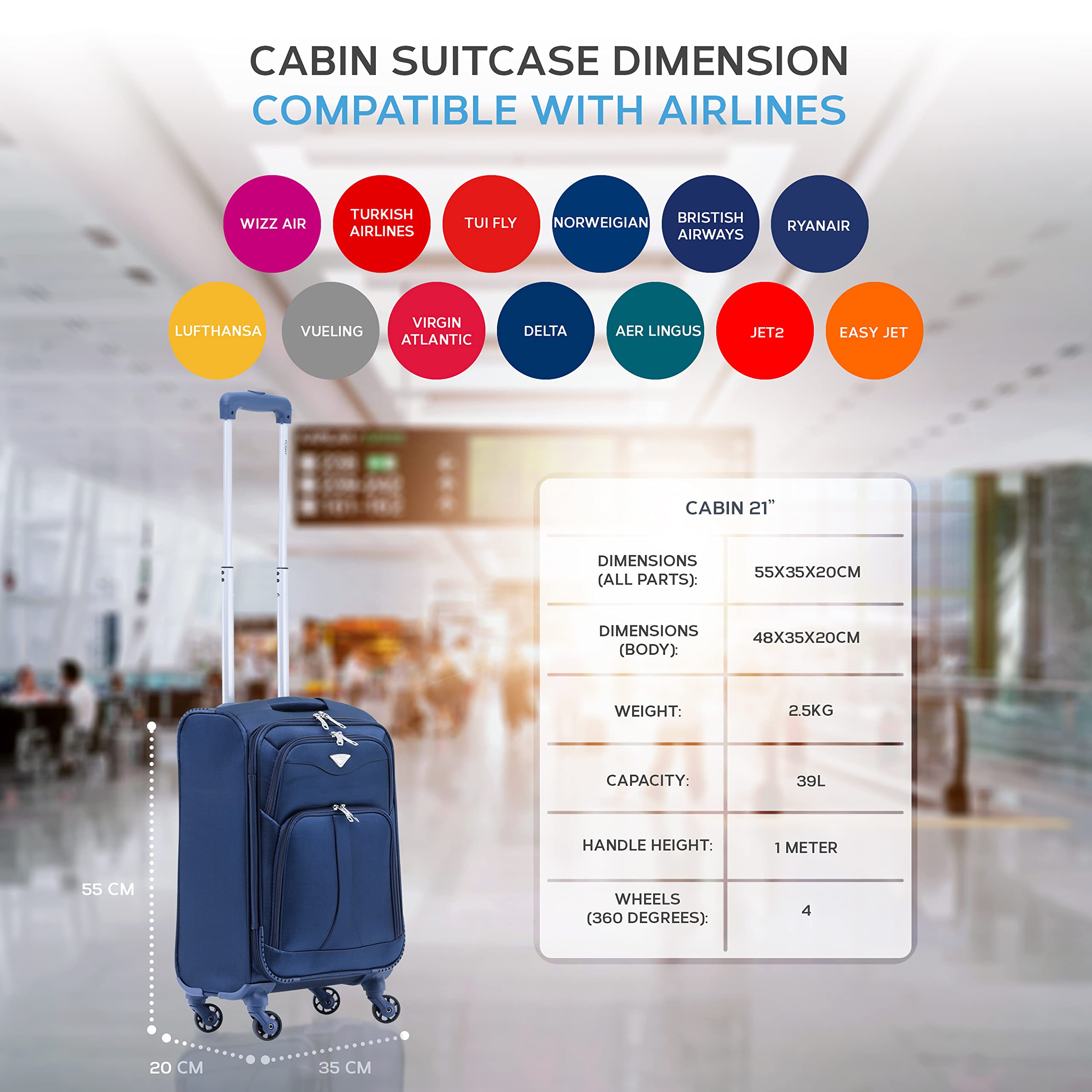 Flight Knight Set of 2 Lightweight 4 Wheel 800D Soft Case Suitcase Robust Anti Crack Cabin Carry On Hand Luggage Approved for Over 100 Airlines Including easyJet, BA & Many More!