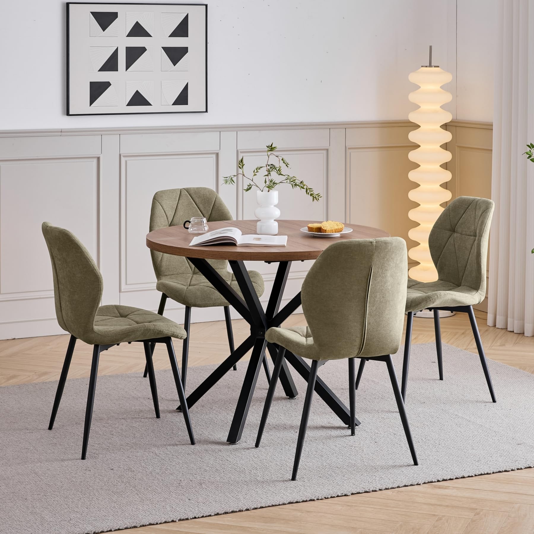 GrandCA HOME Set Tavolo e Sedie da Pranzo, Tavolo da Pranzo Rotondo da 100 CM e 4 Sedie Moderne in Lino, per Sala da Pranzo, Cucina, Soggiorno (Chiaro + Verde)