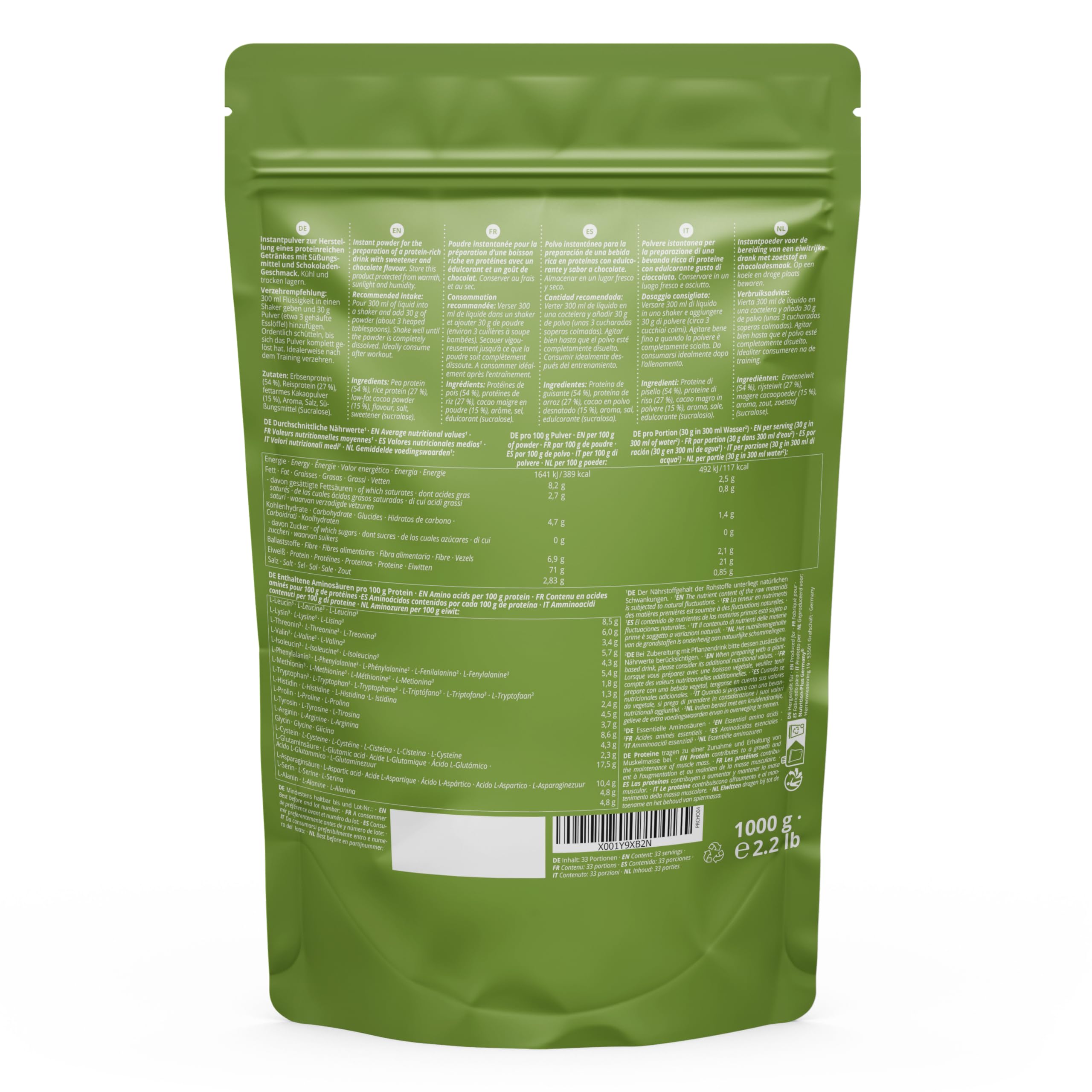Nutri + Erbse Reis Protein Pulver Schokolade - Veganes Eiweißpulver ohne Soja, Gluten, Laktose, Zucker - Schoko 1 kg Proteinpulver - Pea Rice Eiweiß