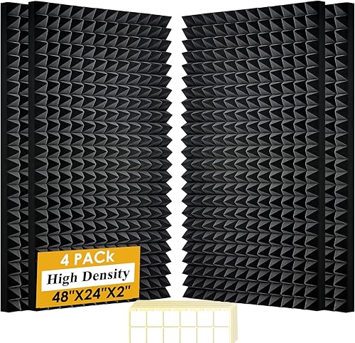 Paquete de 4 paneles de espuma acústica negra, a prueba de sonido de 48 x 24 x 2 pulgadas, paneles de pared insonorizados de alta densidad, estudio