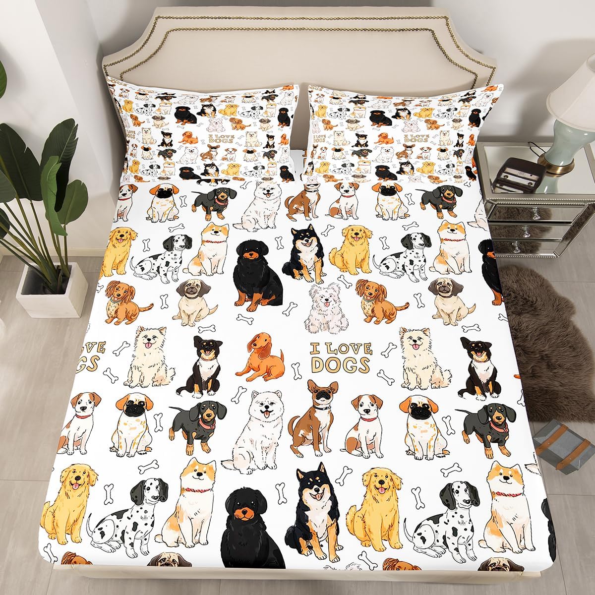Dog Fitted Sheet Set I Love Dogs Bedding Sets Pug Corgi Shiba Puppy Fitted Bed Sheets for Kids Boys Girls Kawaii Animals Cartoon No Top Flat Sheet with 2 Pillow Cases Bedroom Decor Queen Size