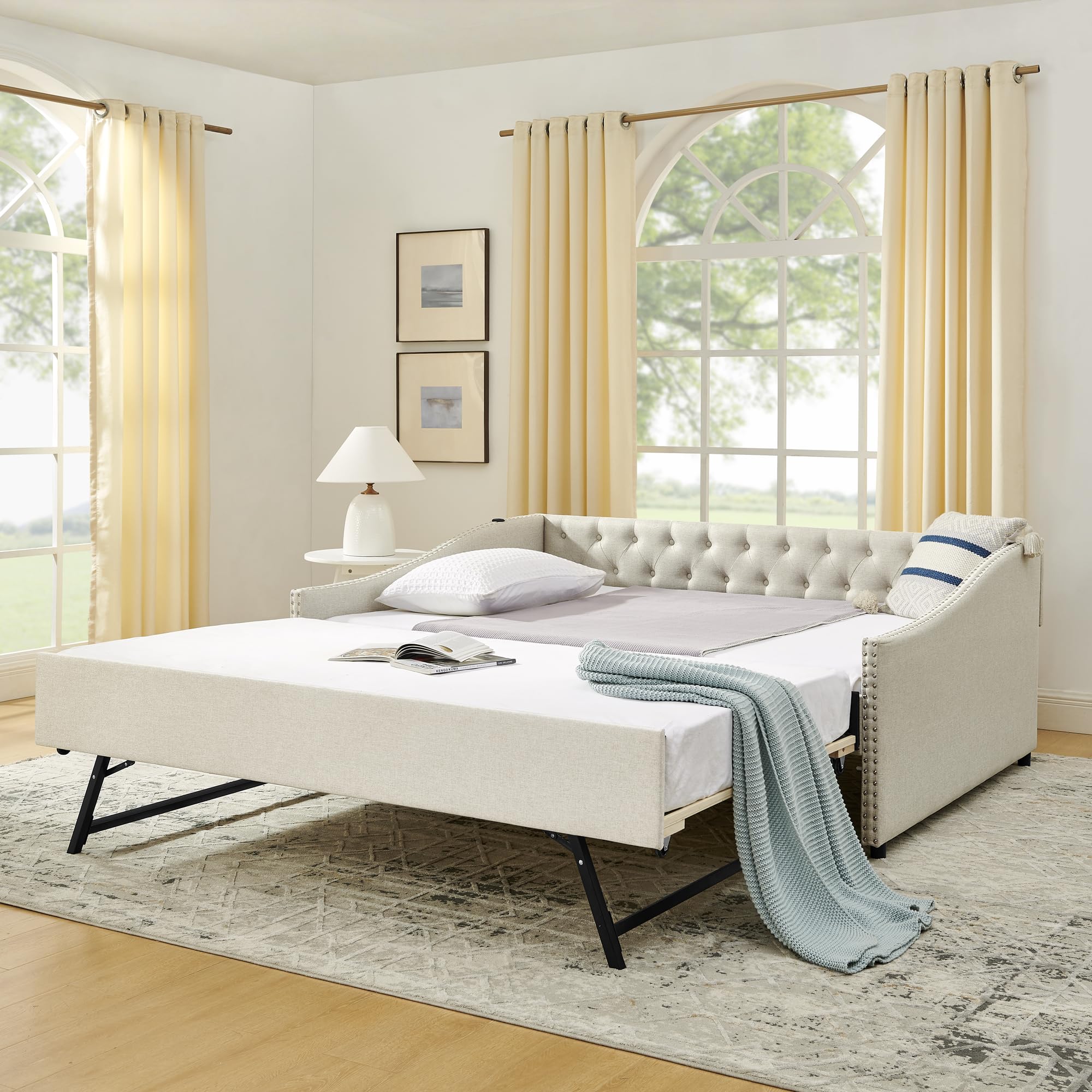 Photo 1 of ***PARTIAL SET - PRICE ADJUSTED***KEIKI Full Size Upholstery Daybed with Trundle and USB Charging Design, Full to King Design Mid-Century Extendable Sofa Bed, Easy Assembly, No Box Spring Required, for Living Room and Bedroom, Beige