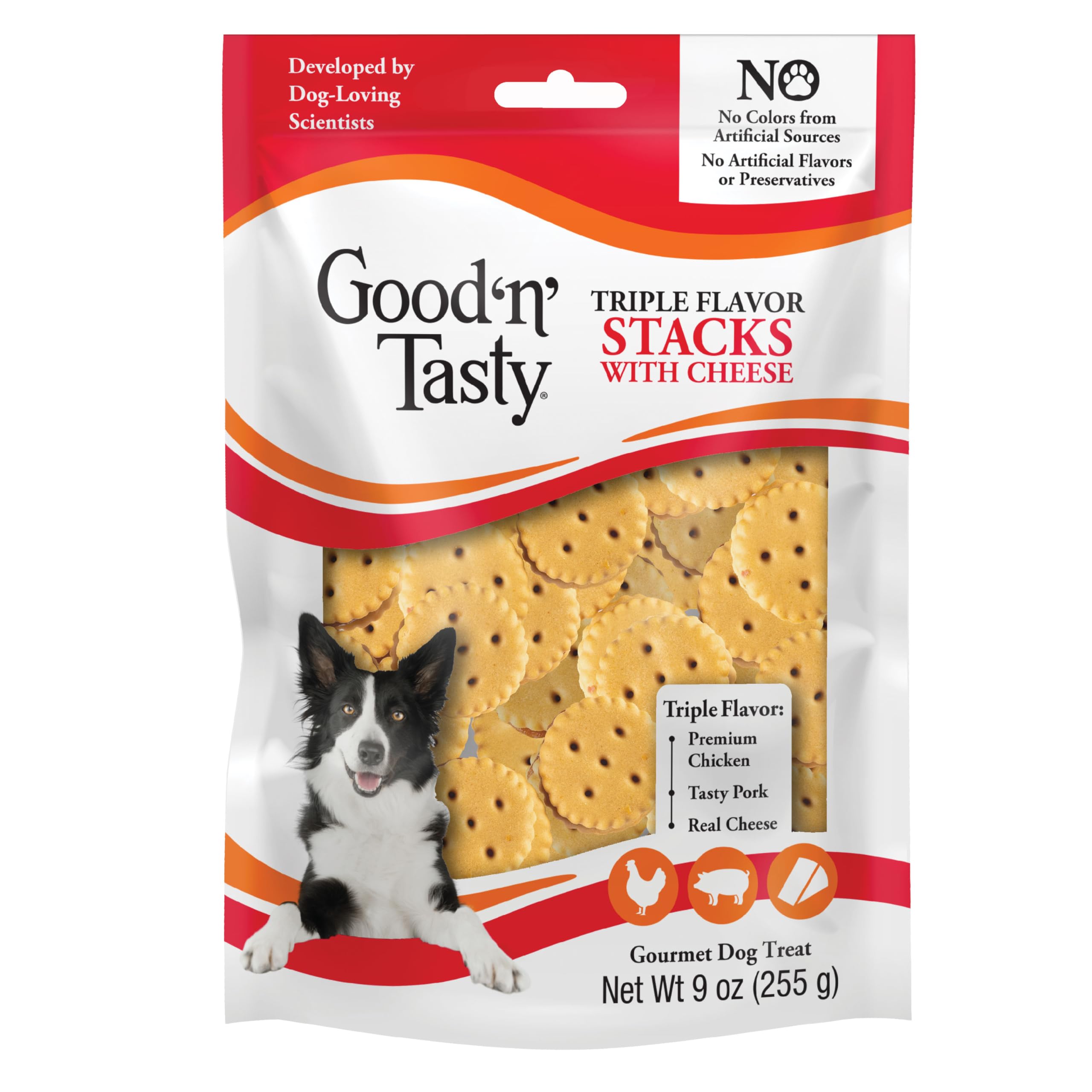 Good 'n' Tasty Triple Flavor Stacks with Cheese, 9 Ounces, Bite Sized Snacks for Dogs with Premium Chicken and Real Cheese