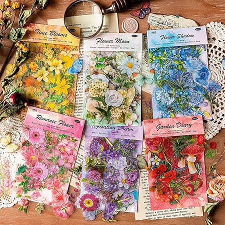 Amazon 600枚パッチレトロスクラップブックdiyステッカー ブロンズの紫色の花 蘭 緑色の花 赤い花 ペットの透明性と防水性メモ用紙ノート素材 日記装飾用品日本のペーパークラフトステッカー Yuhuashuo シール ステッカー 文房具 オフィス用品