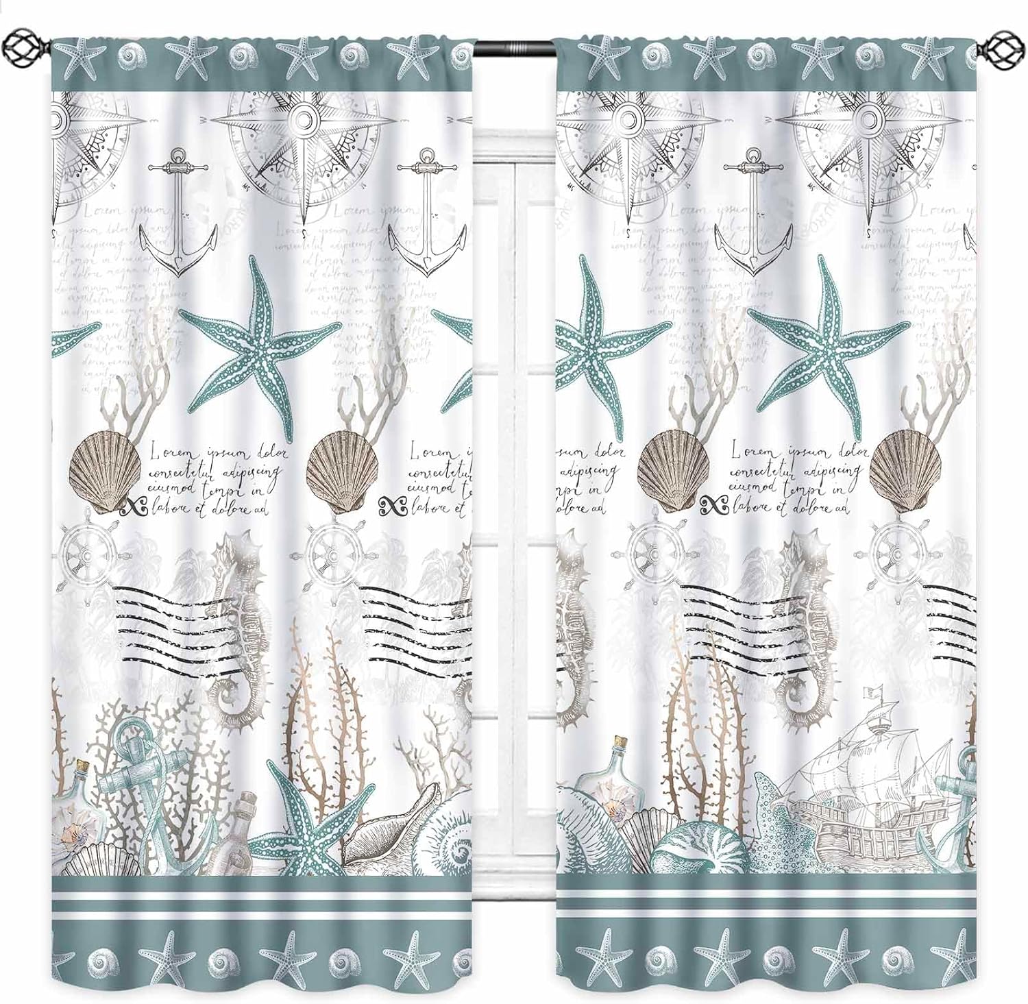 Nautical Coastal Curtains,Tropical Ocean Shells Undersea Animal Blue Ocean Blackout Drapes for Bedroom Living Room Bathroom Window Treatments,42X63 Inch