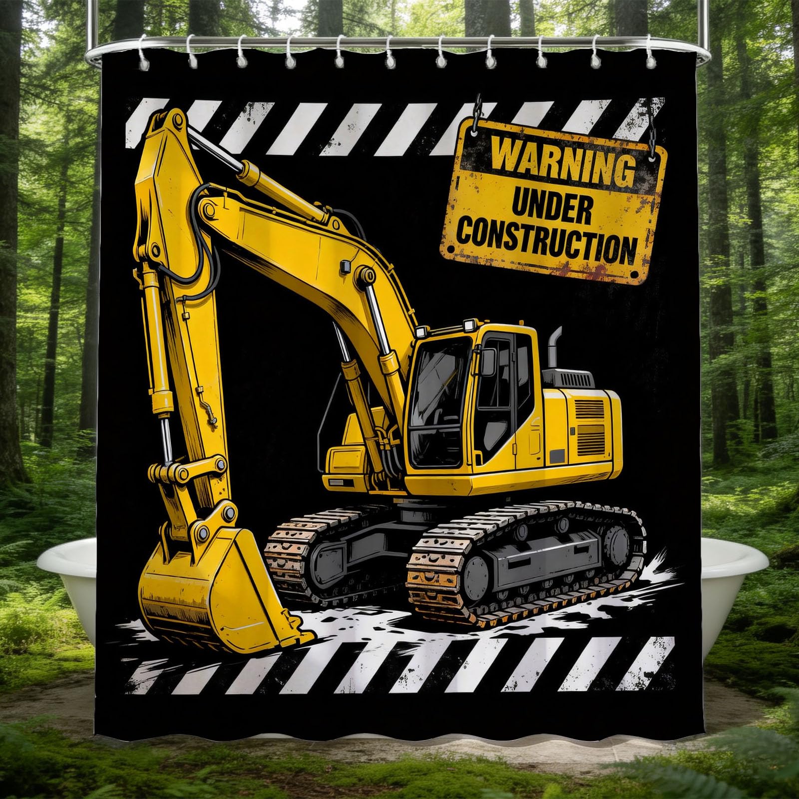 Hongduo 3D Yellow Excavator Shower Curtain for Stalls Bathtubs Simple Bathroom Decor Shower Curtain Set Polyester Fabric Waterproof 180x200cm/71X79 Inch with Hooks