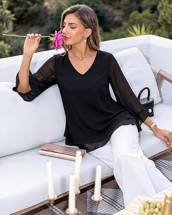 Lotusmile Womens Dressy Blouse Double Layers Mesh Shirt Ruffle 3/4 Flared Sleeve Tunic Tops