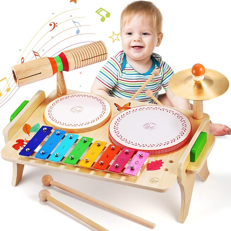 Batería para niños pequeños Instrumentos musicales para bebés de 1 a 3 años | Juguetes Montessori 7 en 1, juguetes musicales de madera con tambores, xilófono, regalo de coordinación ojo-mano para niños y niñas mayores de 18 meses