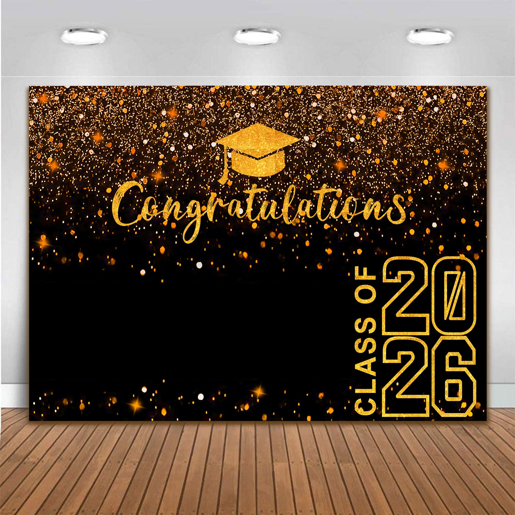 Graduation Decoration Backdrop 7x5 FT Class of 2026 Backdrop Golden Glitter Congratulations Background Polyester Black 2026 Graduate Party Banner