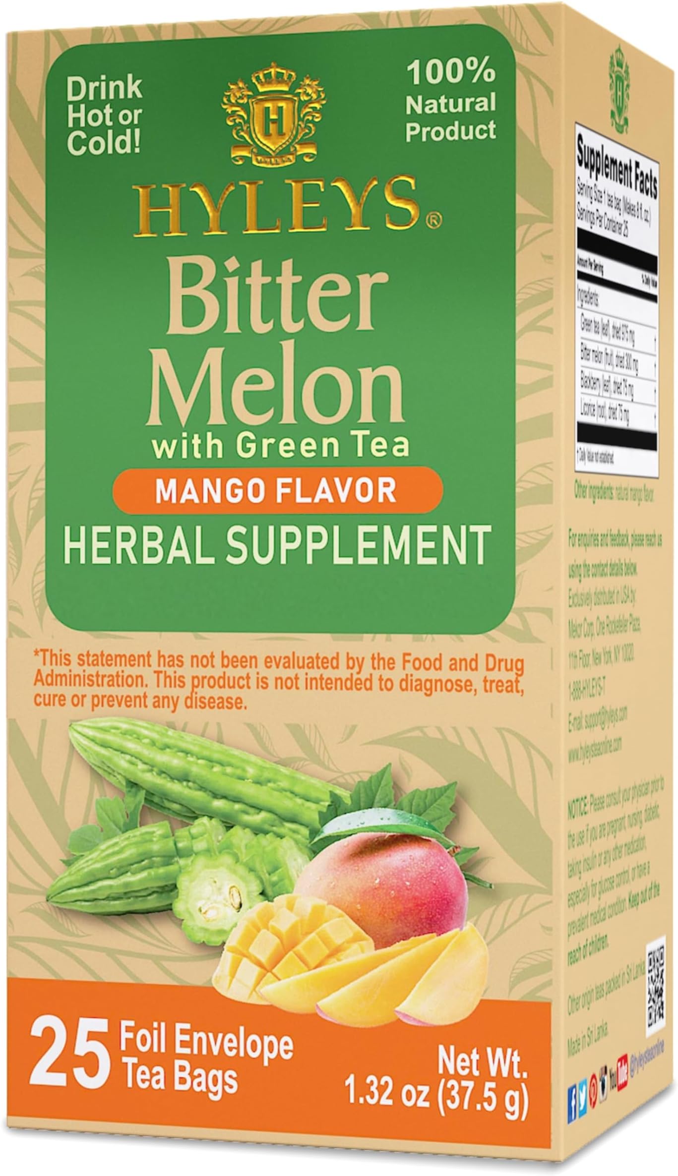 Hyleys Bitter Melon with Green Tea - Mango Flavor - 25 Tea Bags - Supports Healthy Liver Function - Herbal Supplement