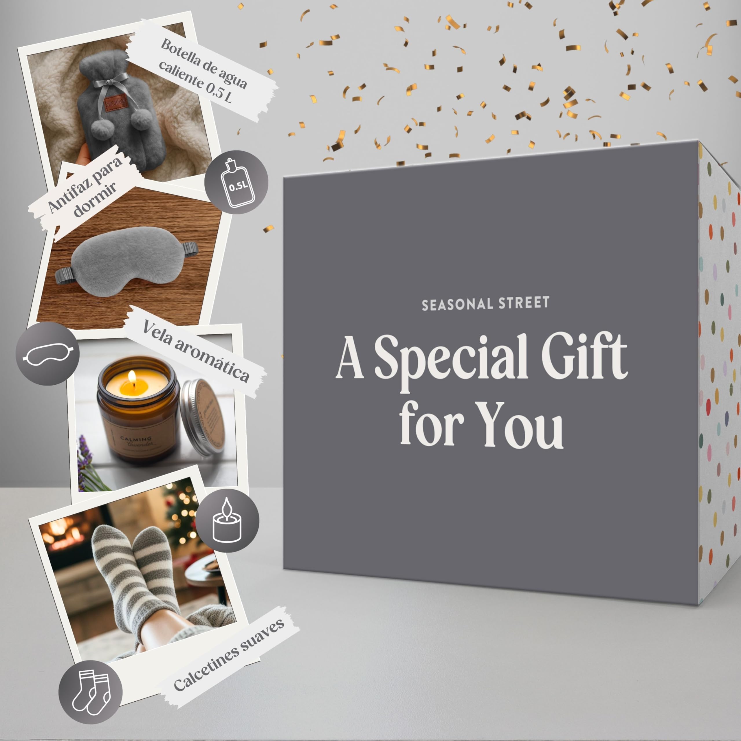 Regalo Mujer - Set Regalo Mujer Con Bolsa de Agua Caliente Gris, Calcetines de Felpa, Vela de Lavanda, Máscara Para los Ojos
