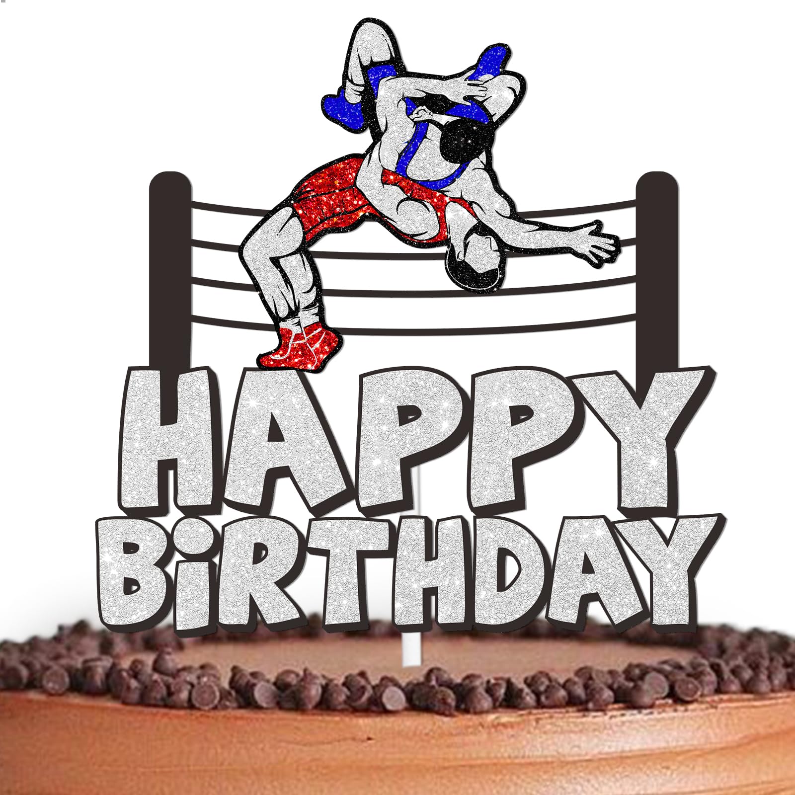 White Glitter Cake Topper Pick for Let’s Wrestling Theme Decor Supplies Boys Men Wrestler Happy Birthday Party Decorations