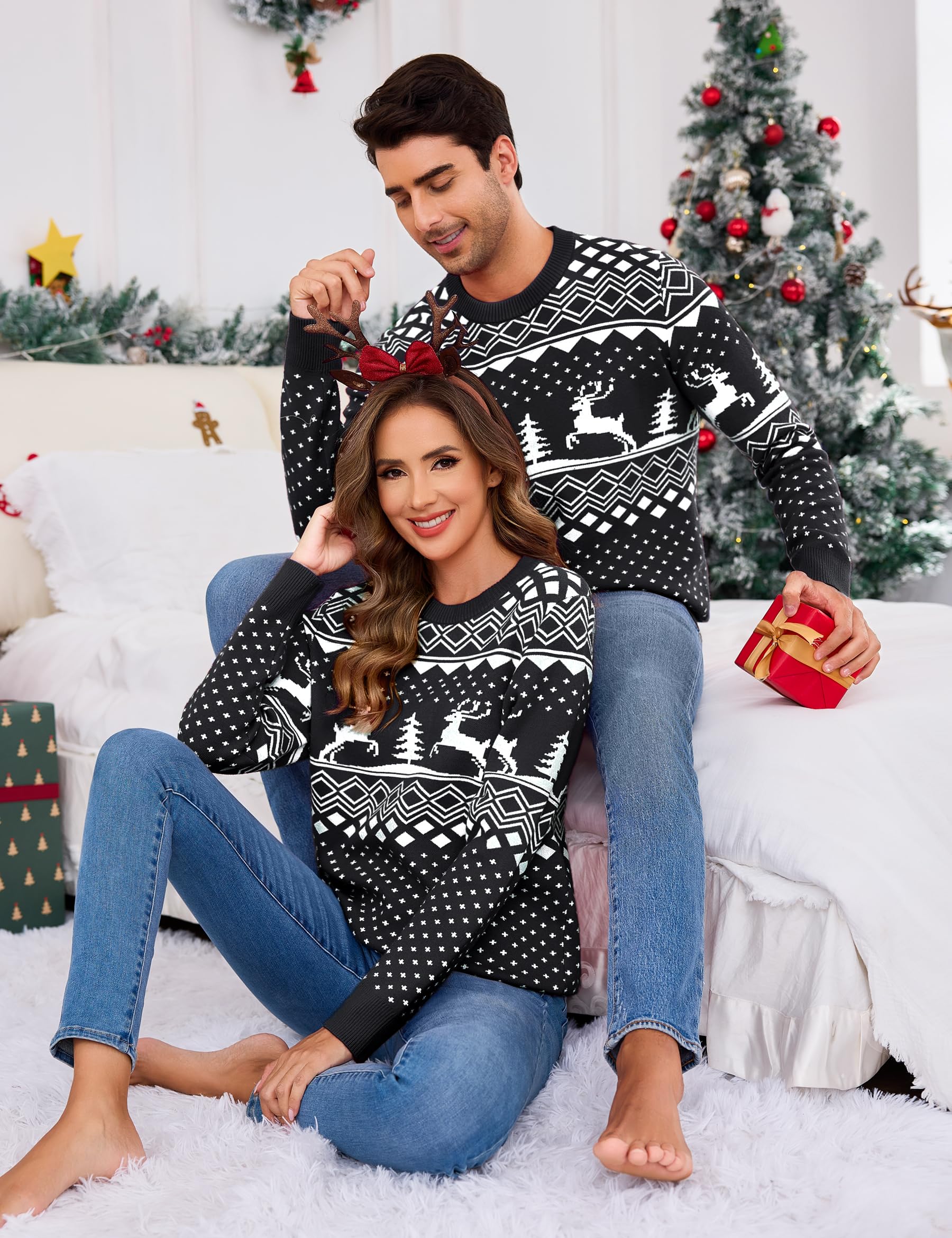 Pull de Noël Femme en Maille Motif Renne | Motif renne et sapin, col rond et manches longues pour les fêtes, les soirées d’hiver et les cadeaux de Noël.